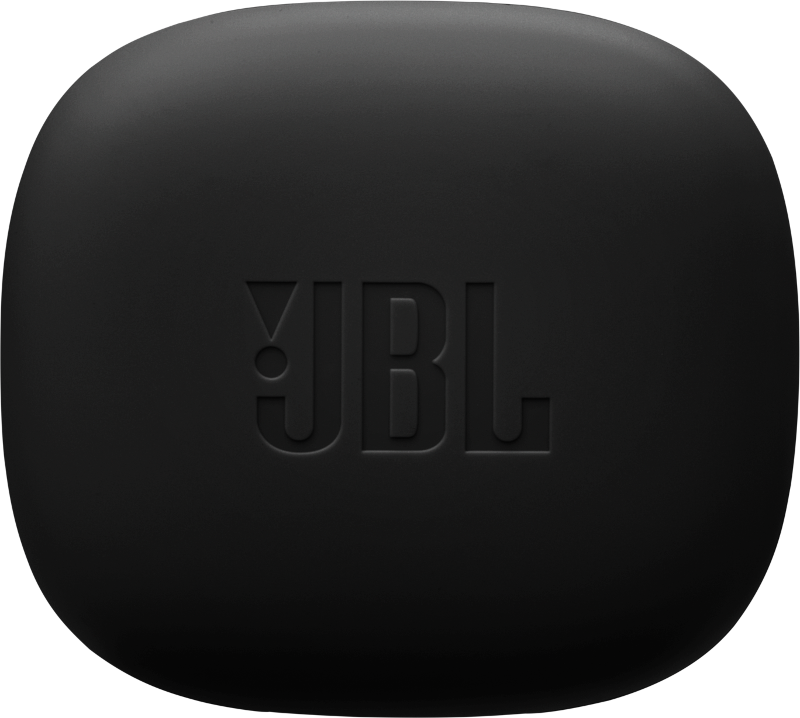 Egy fekete, négyzet alakú JBL fülhallgató töltőtok, a JBL logóval a homlokzaton.