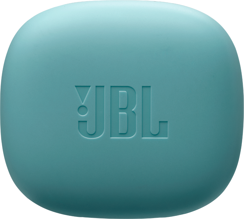 Egy türkizkék JBL töltőtok, a JBL logóval a fedél közepén dombornyomva.