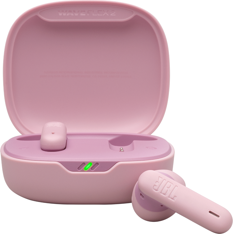 Rózsaszín JBL Wave Flex 2 fülhallgatók és töltőtok, nyitva, zöld lámpákkal, fekete háttéren.