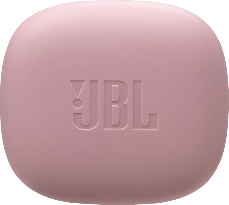 Rózsaszín JBL vezeték nélküli fülhallgató tok. A JBL logó a tokra van nyomtatva. A háttér fekete.