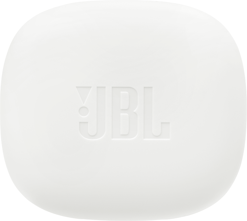 Egy fehér négyzet alakú JBL töltőtok, középen JBL logóval, fekete háttéren.