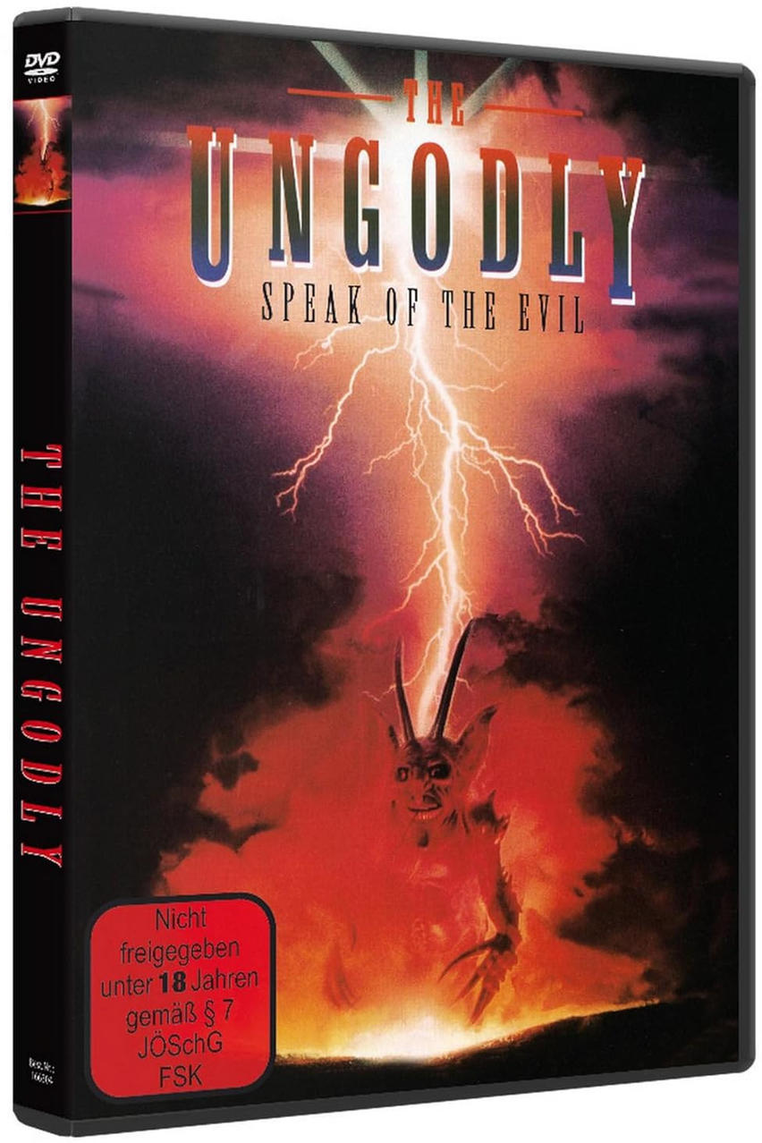 DVD-Cover: Ein Dämon mit Blitz. Text: The Ungodly Speak of the Evil.