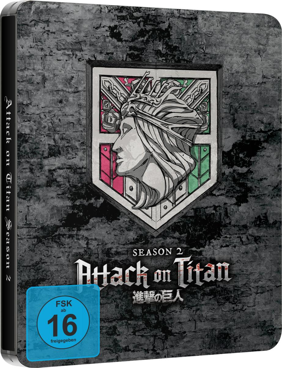 Ein Steelbook-Case für 'Attack on Titan' Staffel 2. Es hat ein Logo und einen Rating-Aufkleber.