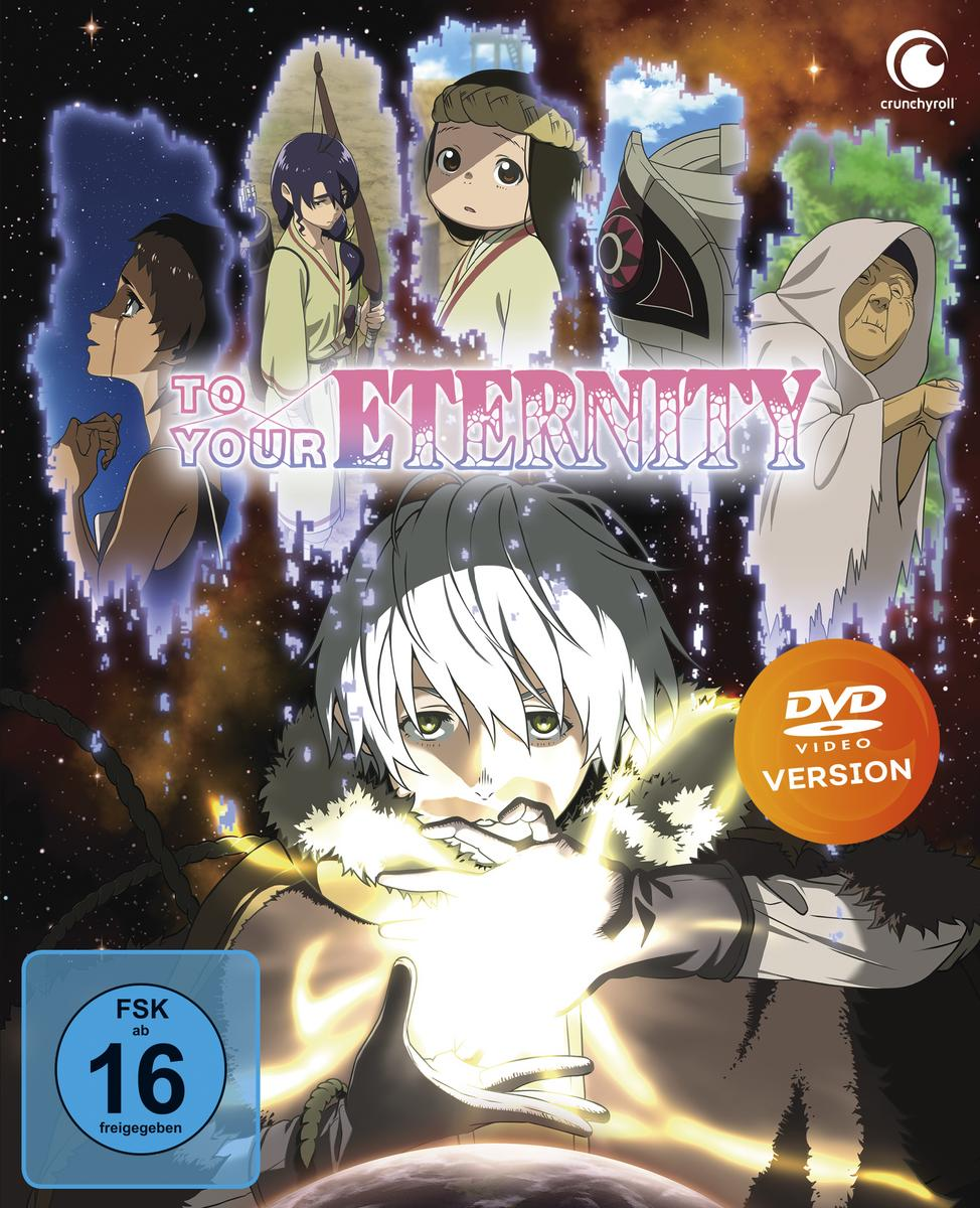 DVD-Cover von 'To Your Eternity' Anime. Charaktere mit Titel und Crunchyroll-Logo. DVD-Version.