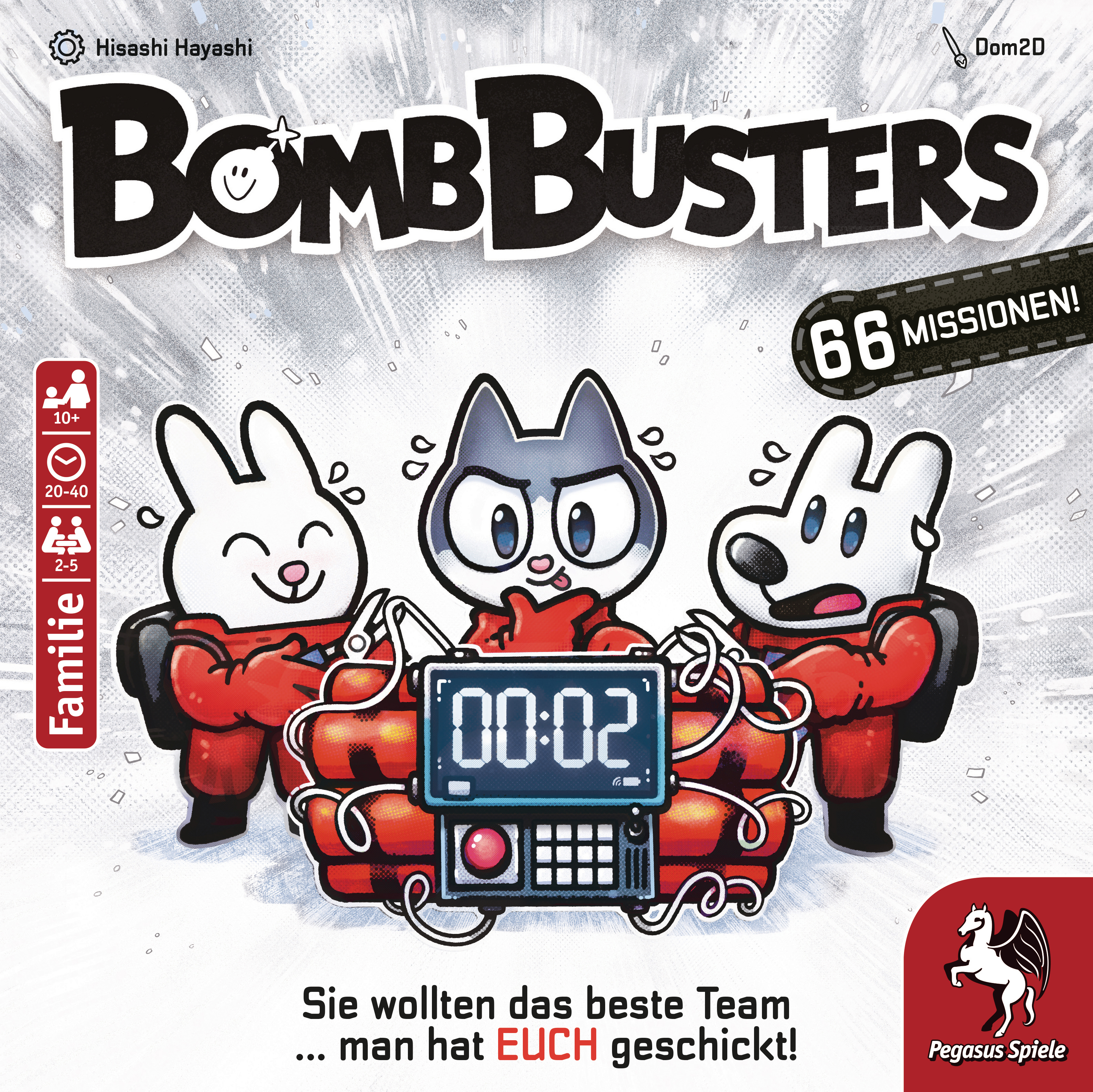 BombBusters Brettspielbox mit Cartoonfiguren, Timer zeigt 00:02, und der Spieltitel.