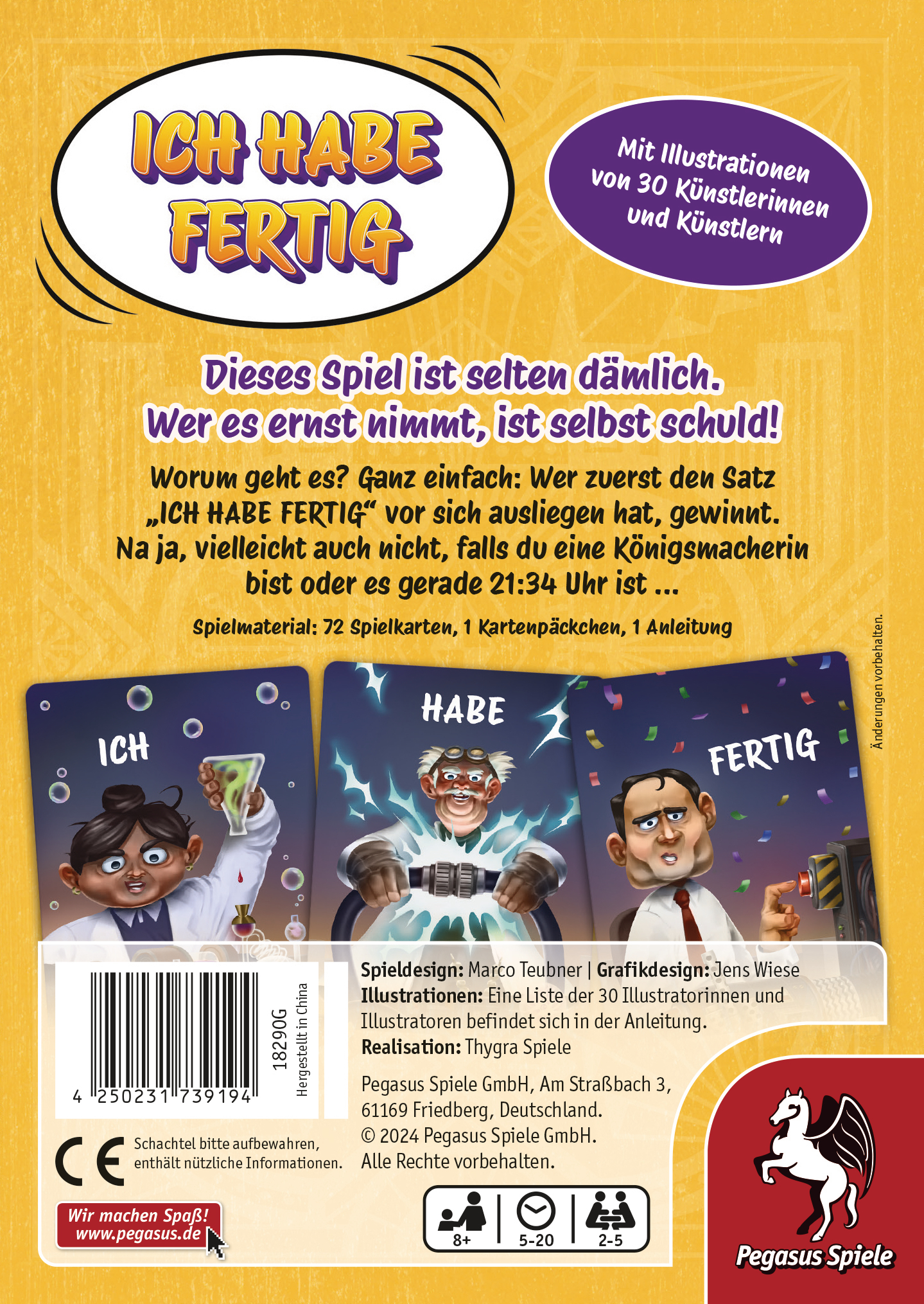 Rückseite einer Spielbox mit Spielkarten, Illustrationen und Text.