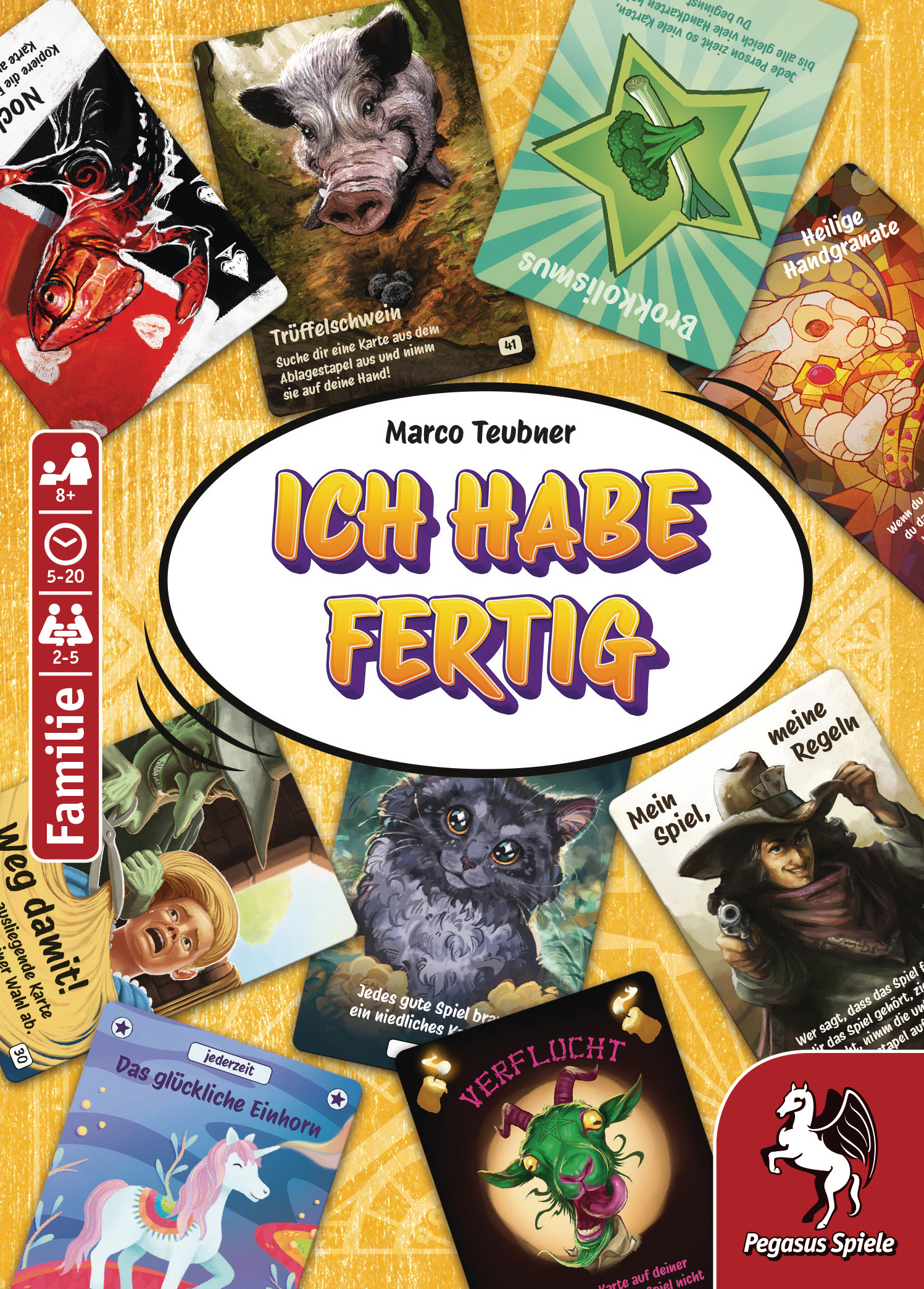 Brettspielbox mit bunten Karten. Der Titel lautet „Ich Habe Fertig“. Verschiedene Spielkarten sind zu sehen.