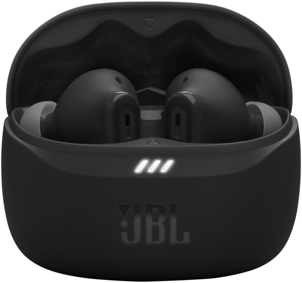 Fekete fülhallgatók fekete töltőtokban, három fehér fénnyel és a JBL logóval.