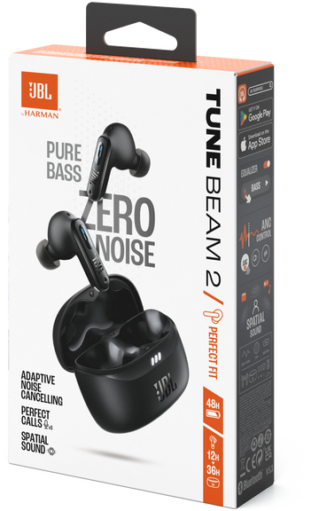 JBL Tune Beam 2 fülhallgatók egy dobozban, nyitva, fülhallgatókkal és szöveggel.