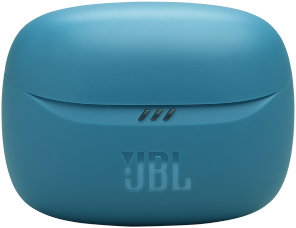 Kék JBL fülhallgató egy töltőtokban, a JBL logó látható.