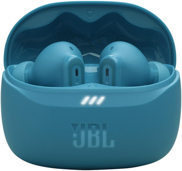Kék JBL fülhallgató töltőtok, JBL logóval és töltőfényekkel.
