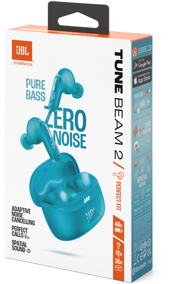 Egy JBL Tune Beam 2 fülhallgató doboz türkiz tokkal és fehér háttérrel.