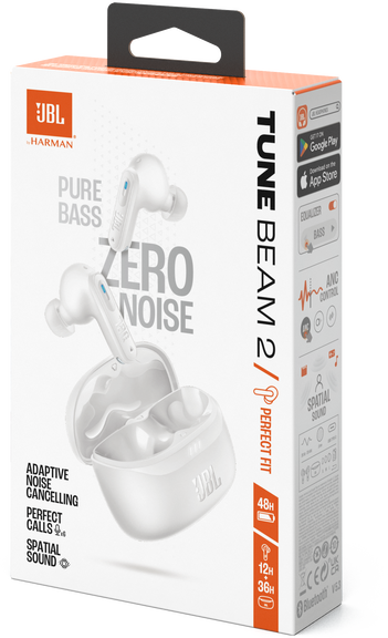 Fehér JBL Tune Beam 2 fülhallgató doboz szöveggel és képekkel, a fülhallgatókat mutatva.