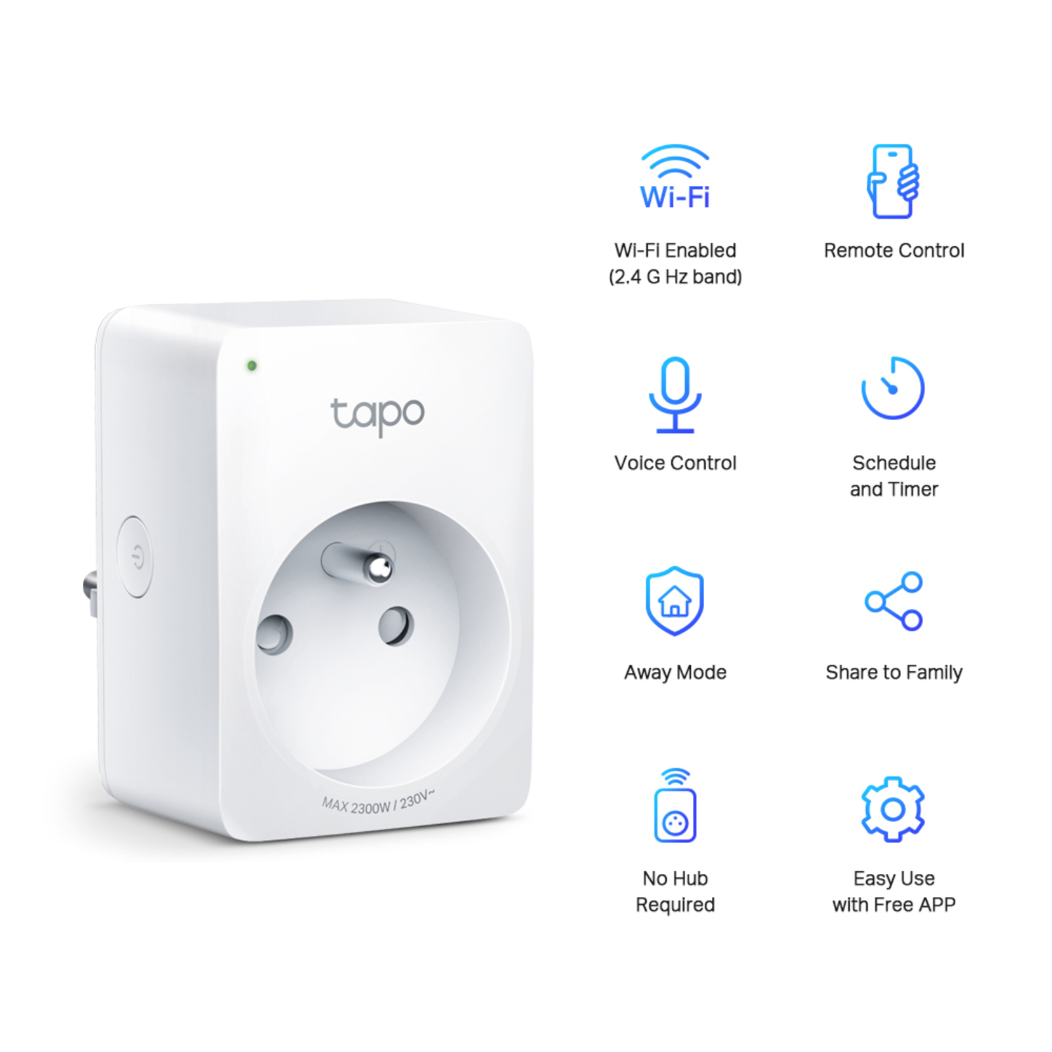 White smart plug with icons and text describing its features.