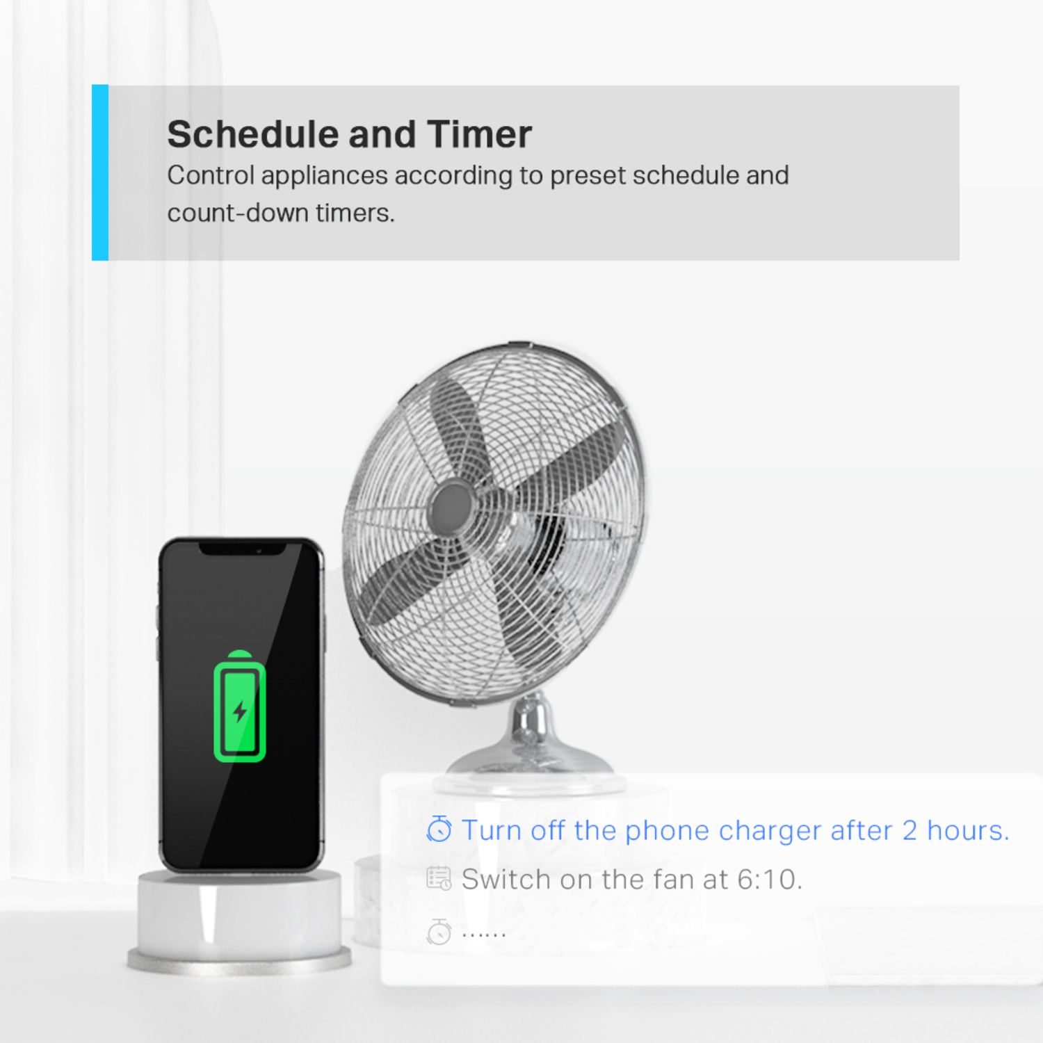 A phone with a charging icon next to a fan, with text about schedules and timers.