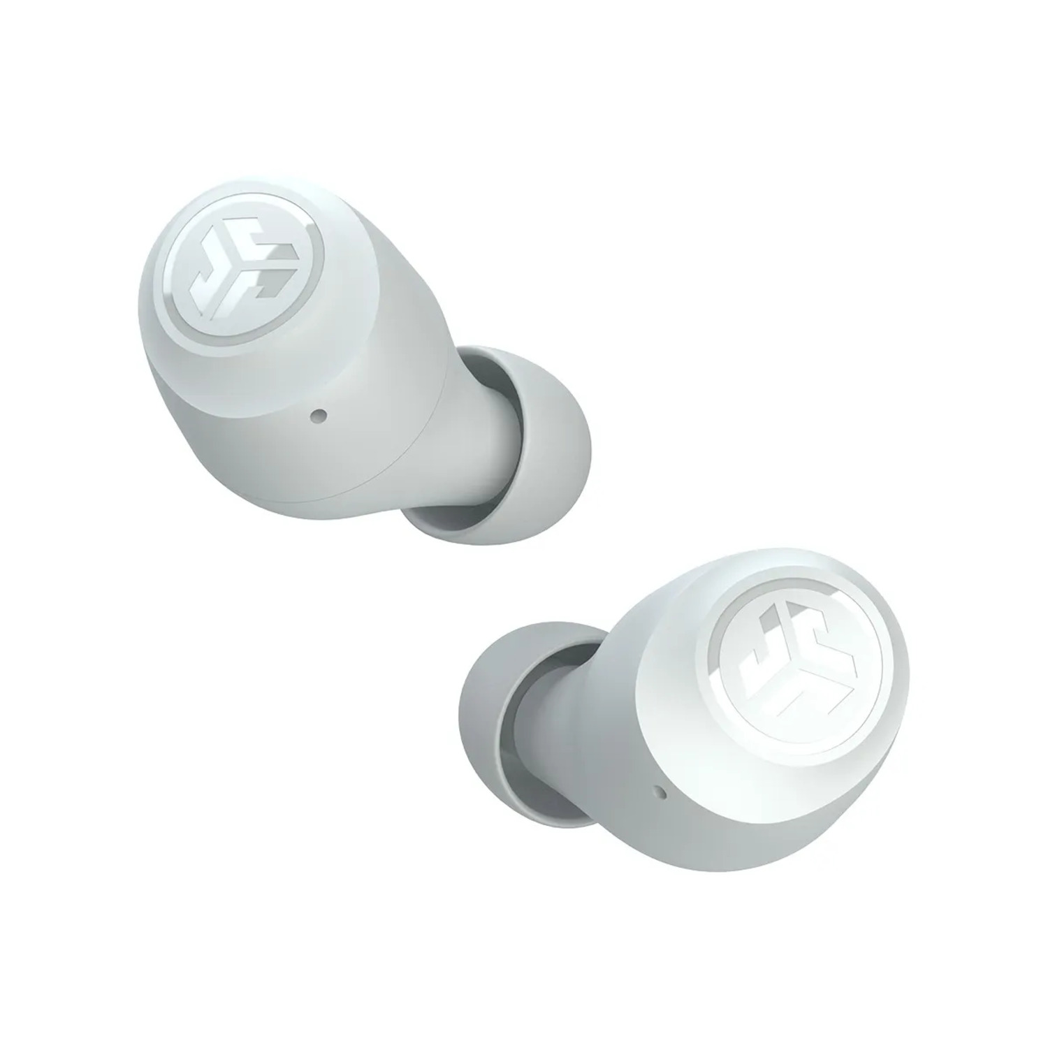 Two white earbuds, angled in opposite directions. The logo is visible on each one.
