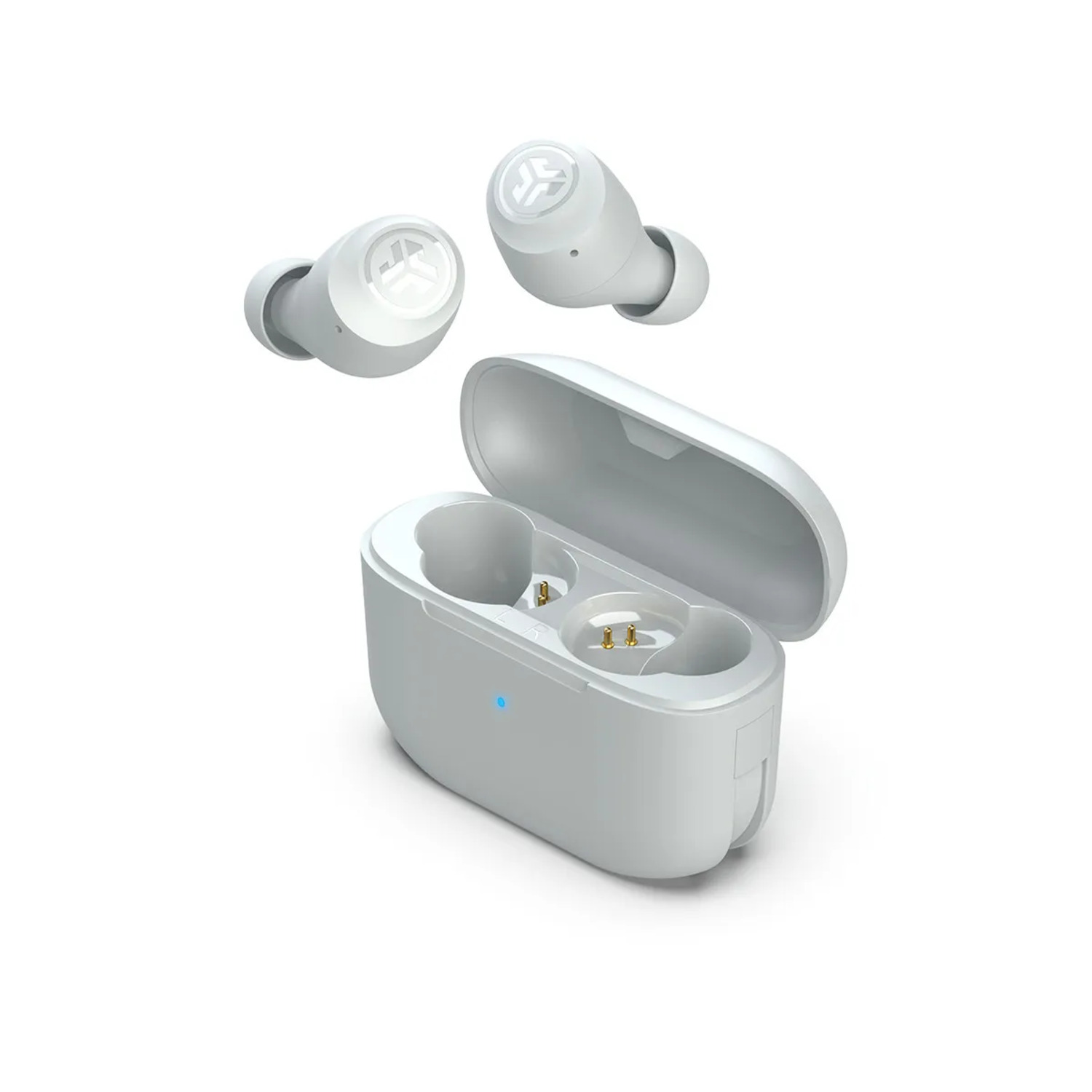 White earbuds with a charging case. Three earbuds are displayed in the image.