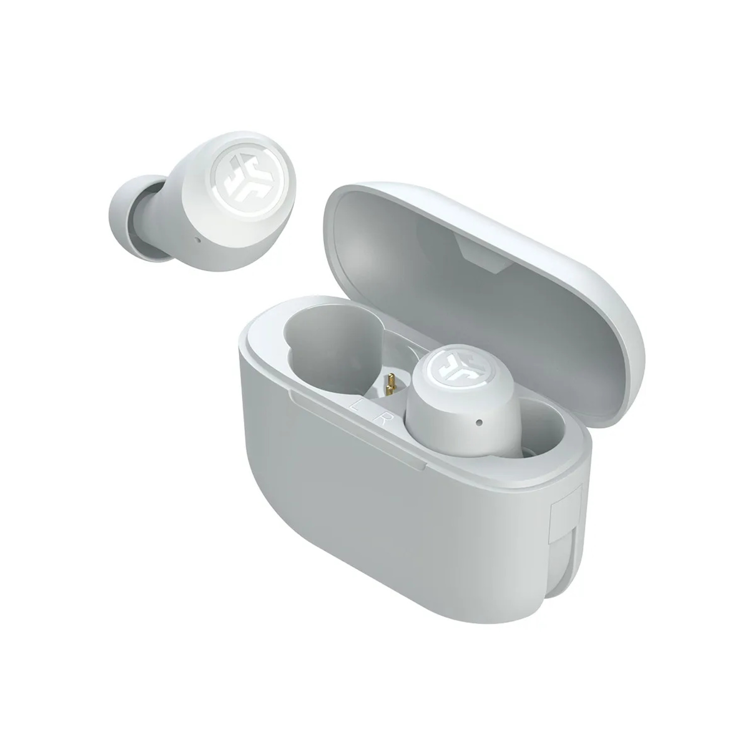Gray earbuds and charging case with the brand logo, one earbud outside.