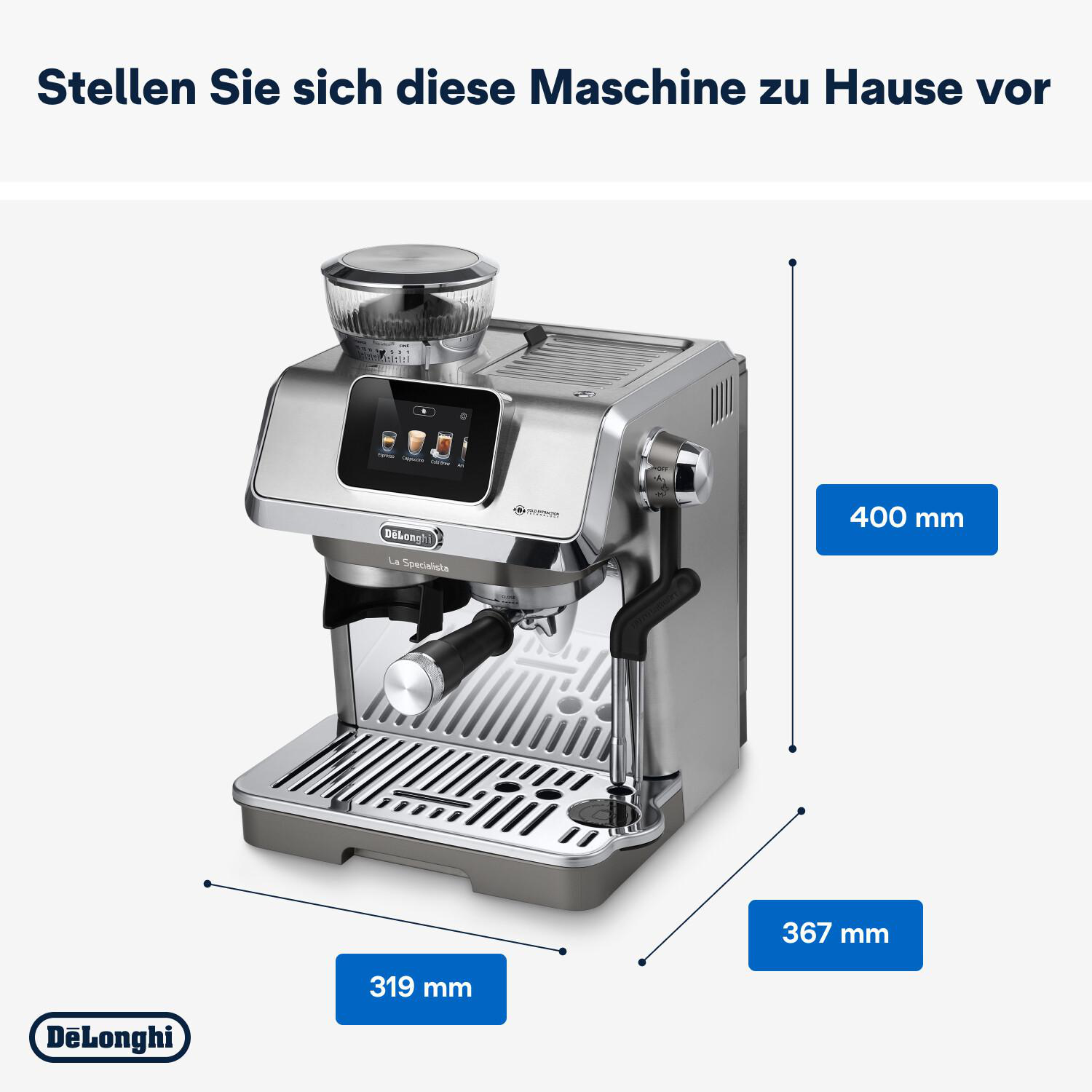 Silberne Espressomaschine, mit Maßen, auf blauem Grund.