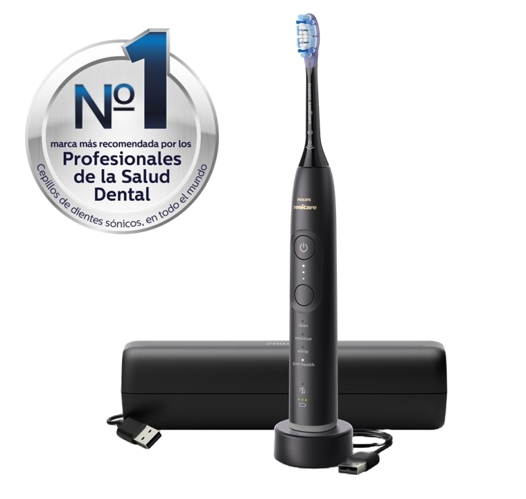 Cepillo de dientes Philips Sonicare negro con base de carga y estuche, sobre blanco.