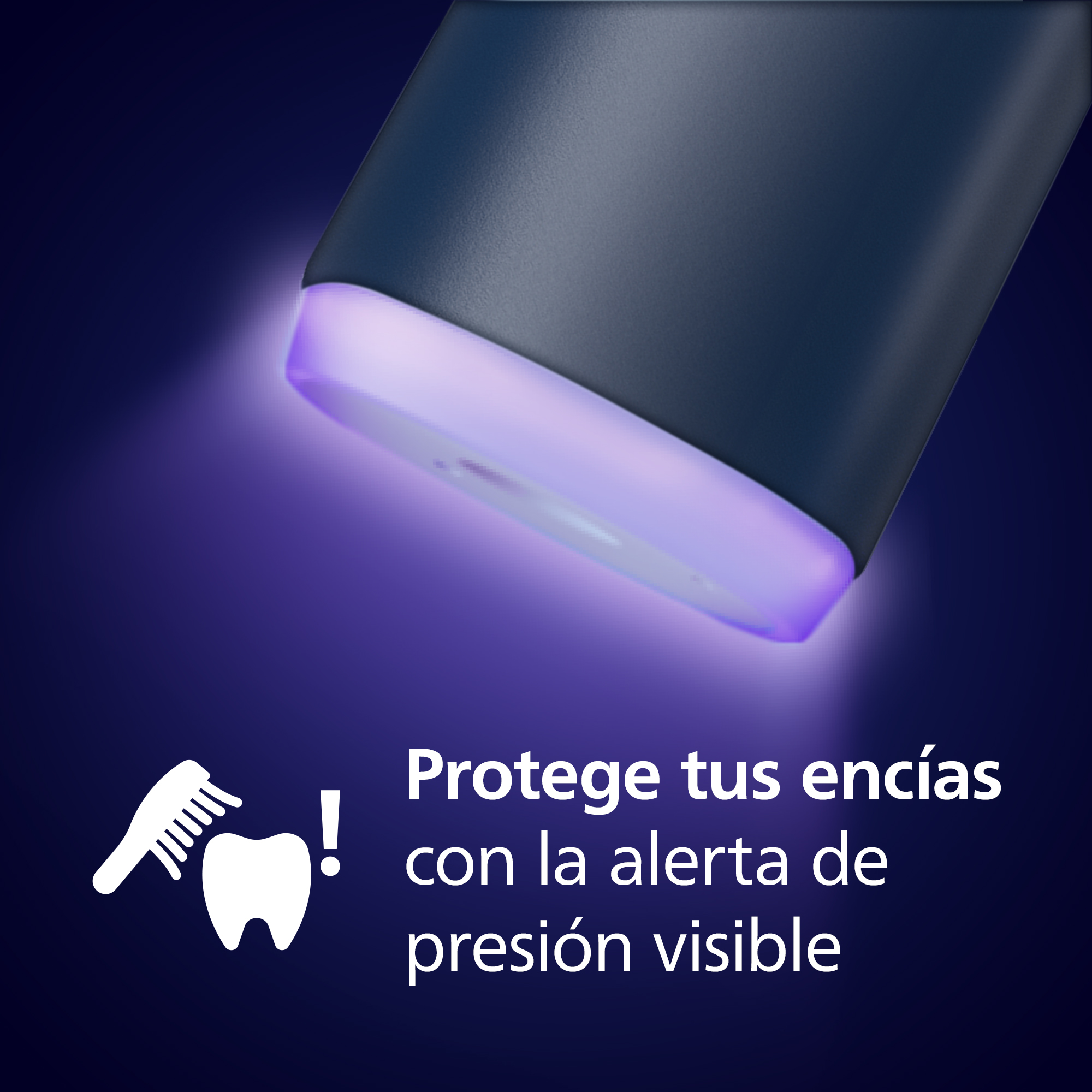 Cabezal del cepillo de dientes con luz UV, con texto: Proteja sus encías con la alerta de presión.