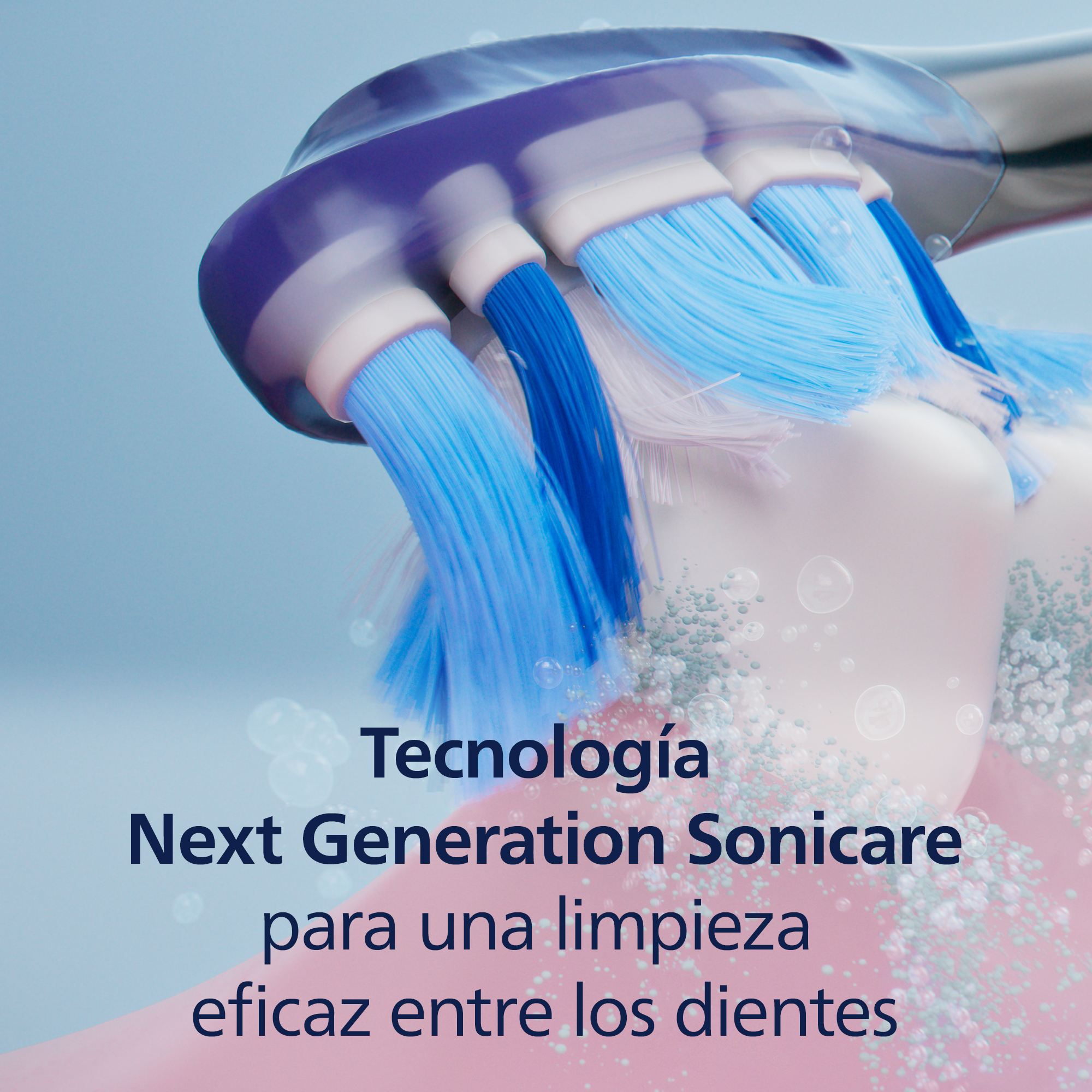 Primer plano de las cerdas del cepillo de dientes limpiando los dientes, con texto: Next Generation Sonicare.