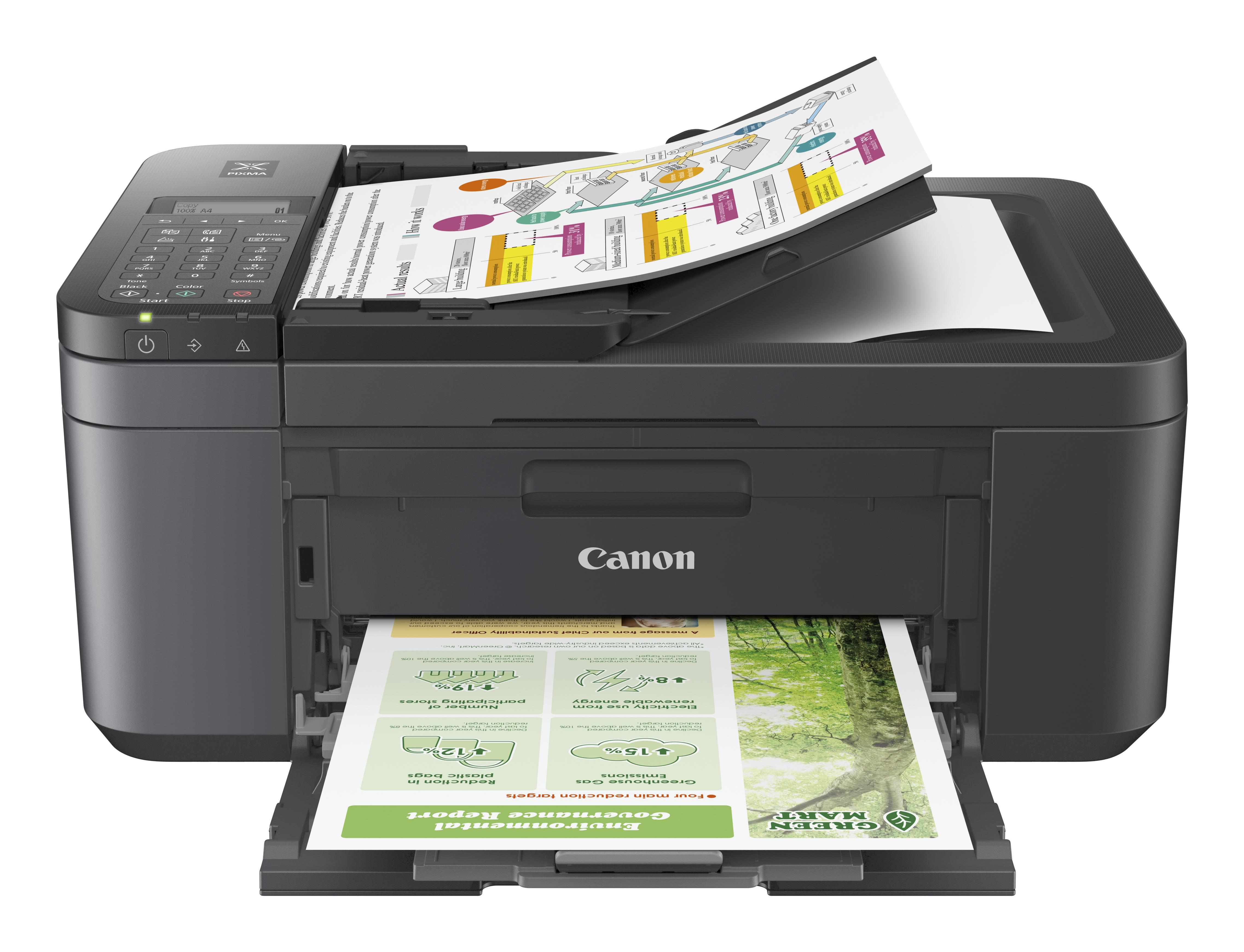 Canon-Drucker mit einem gedruckten Dokument und einem weiteren Dokument auf dem Scanner.