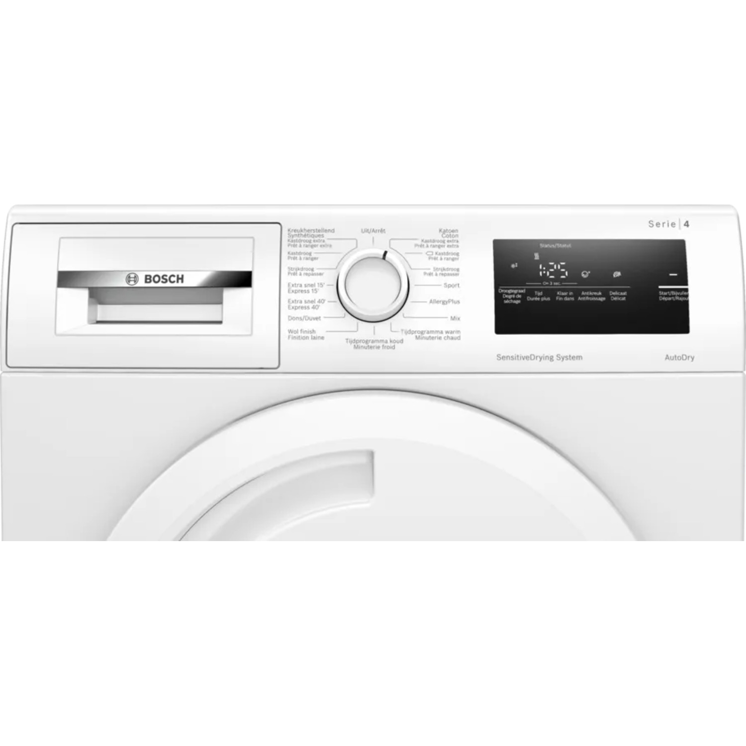 Gros plan sur le panneau de commande d'un lave-linge blanc.