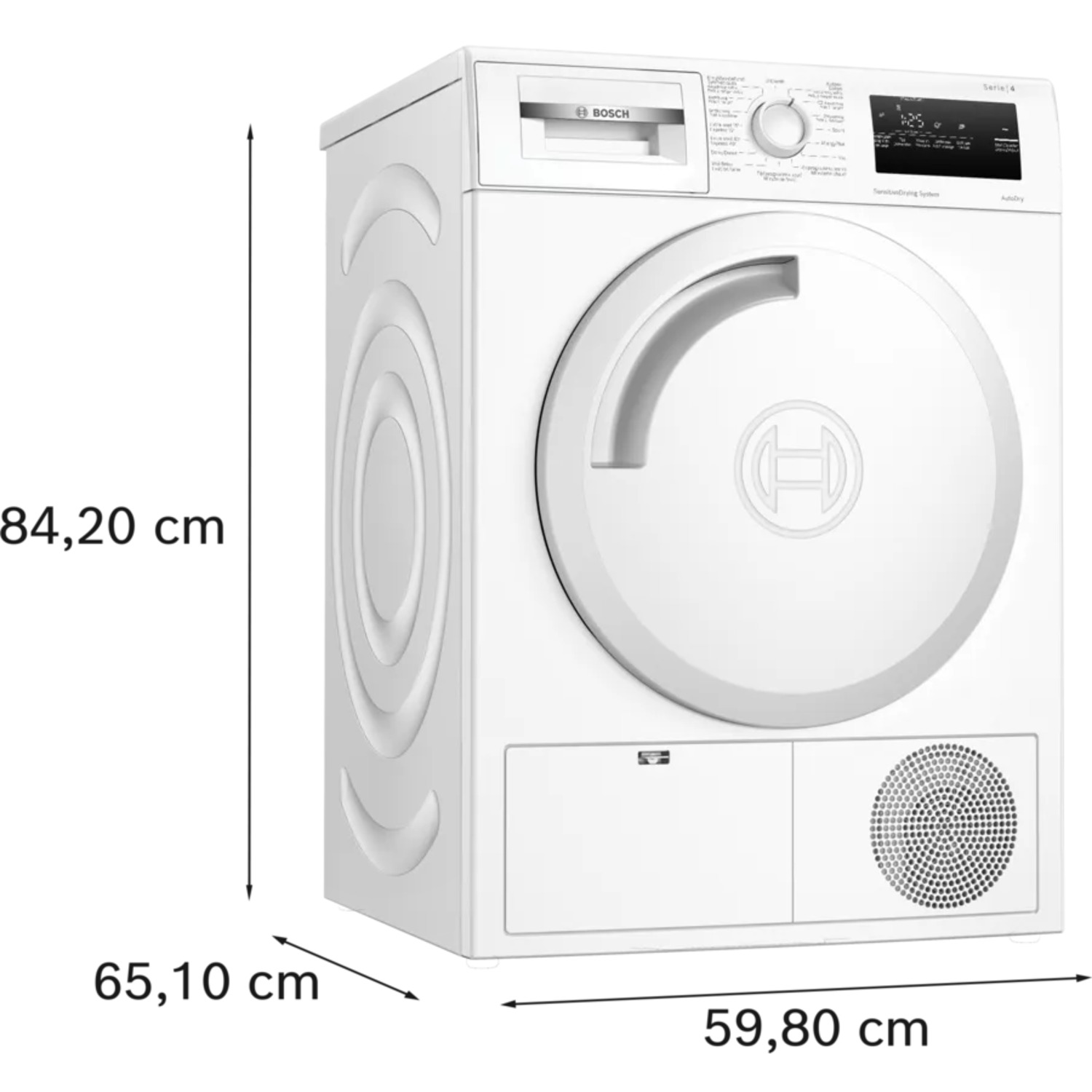 Lave-linge Bosch blanc avec dimensions : 84,20 cm de haut, 65,10 cm de profondeur, 59,80 cm de large.