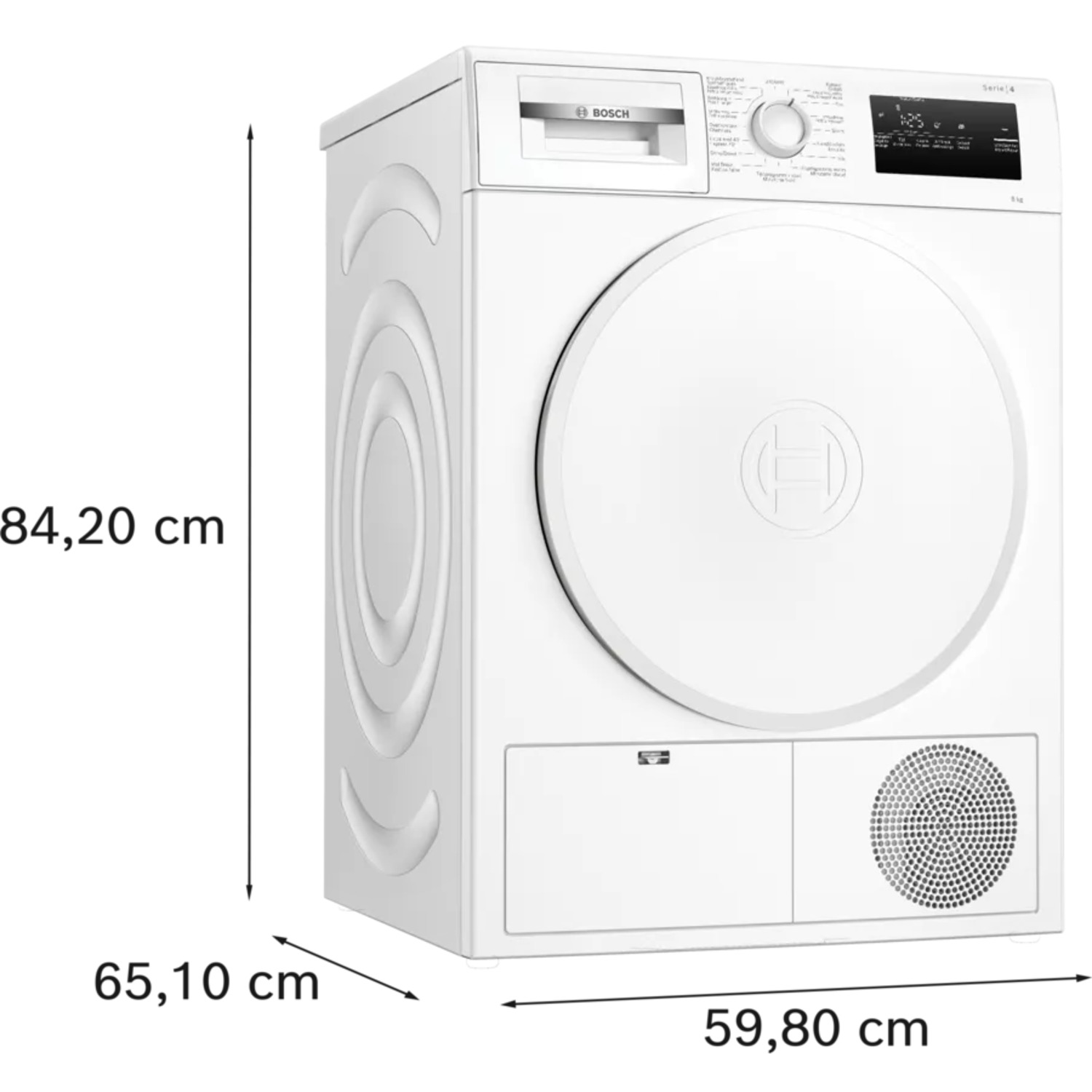 White dryer with dimensions labeled, 84.20 cm high, 65.10 cm wide, 59.80 cm deep.