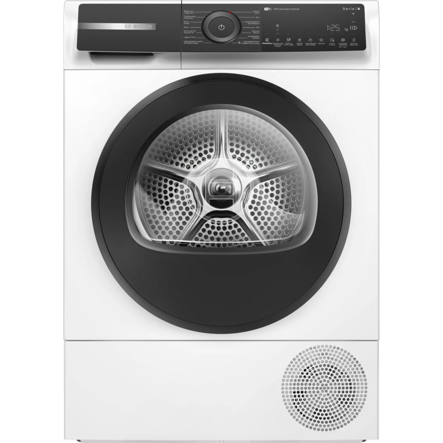 Sèche-linge Bosch blanc avec porte et panneau de commande noirs. Affichage temps et réglages.