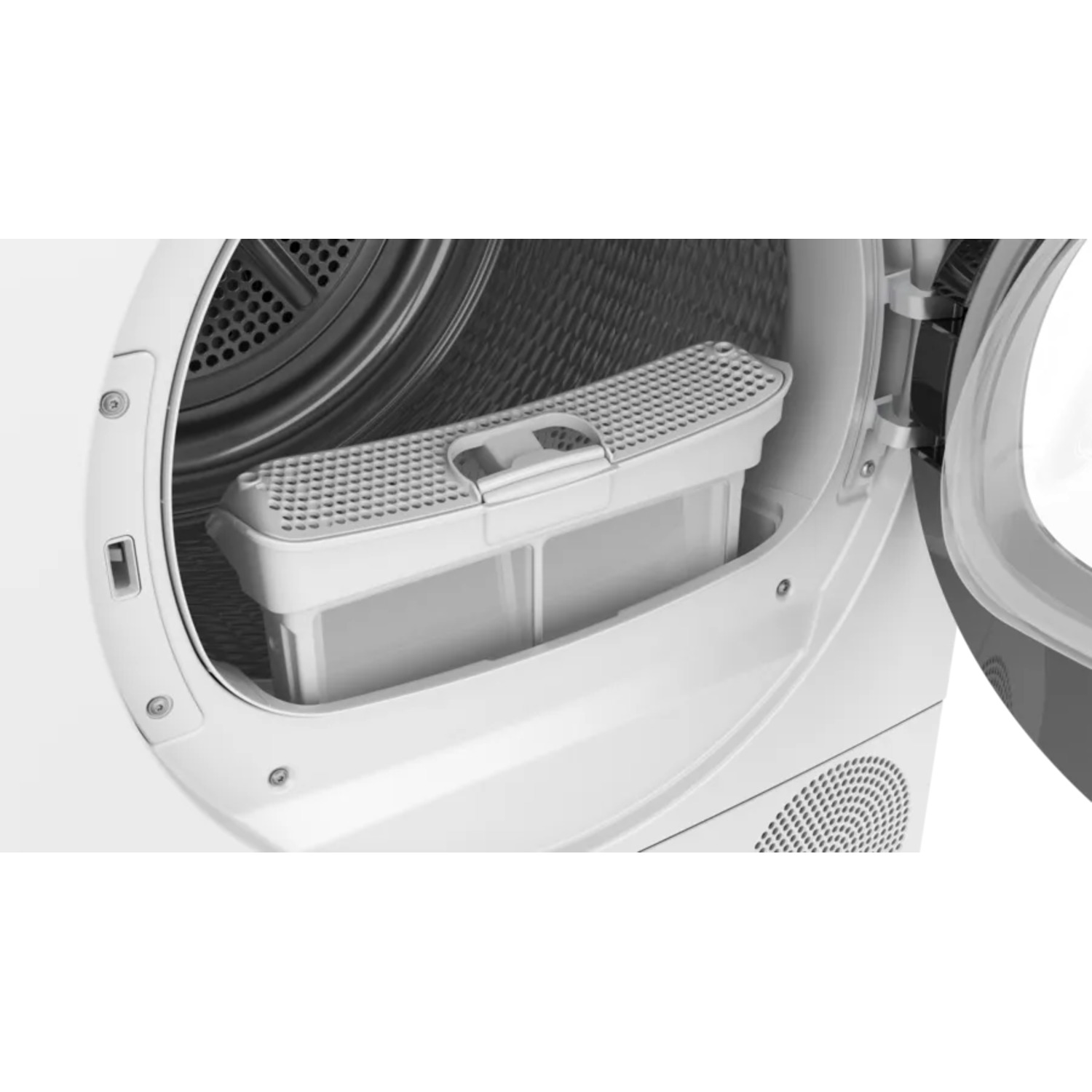 Gros plan du compartiment du filtre d'un sèche-linge, montrant le filtre à l'intérieur.