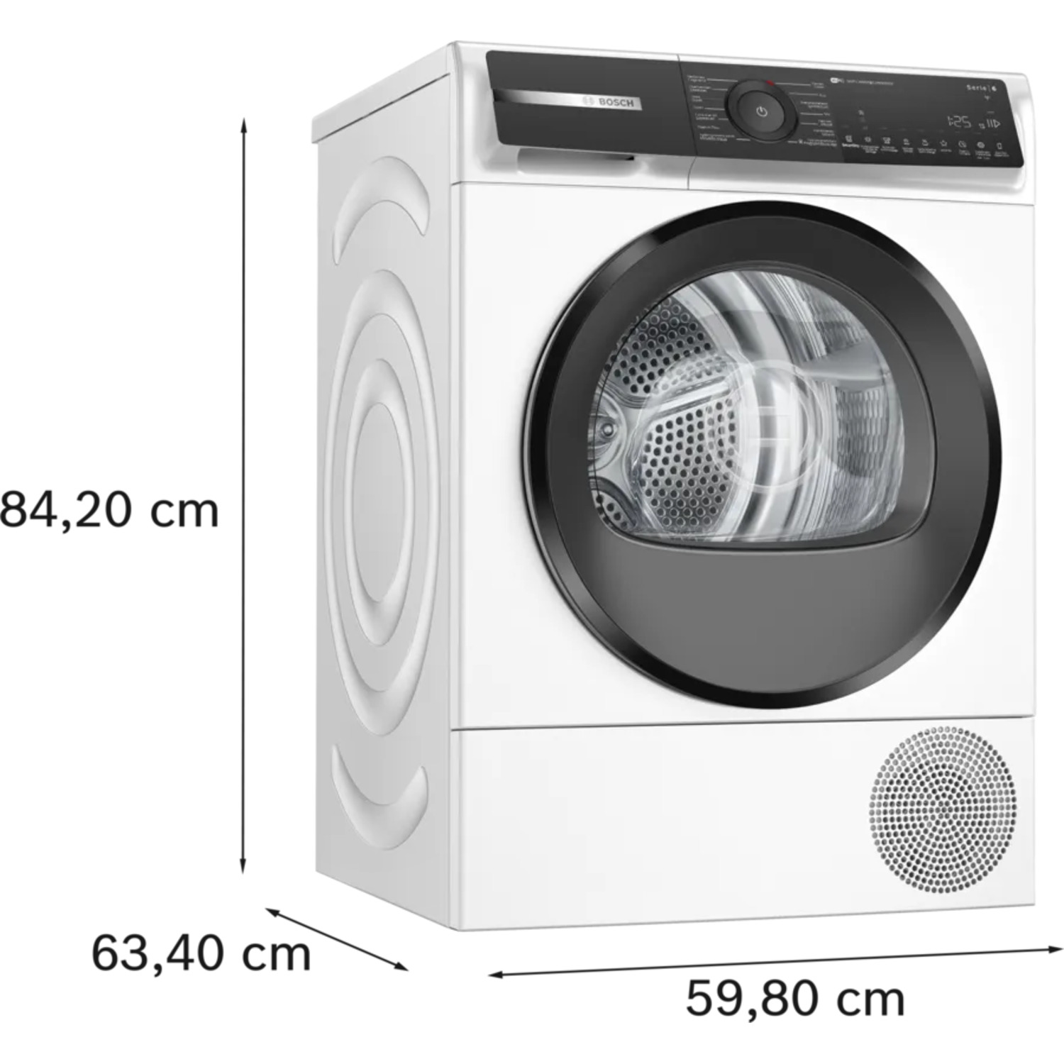 Lave-linge blanc avec dimensions indiquées. Porte et panneau de commande noirs. La machine est sur le sol blanc.