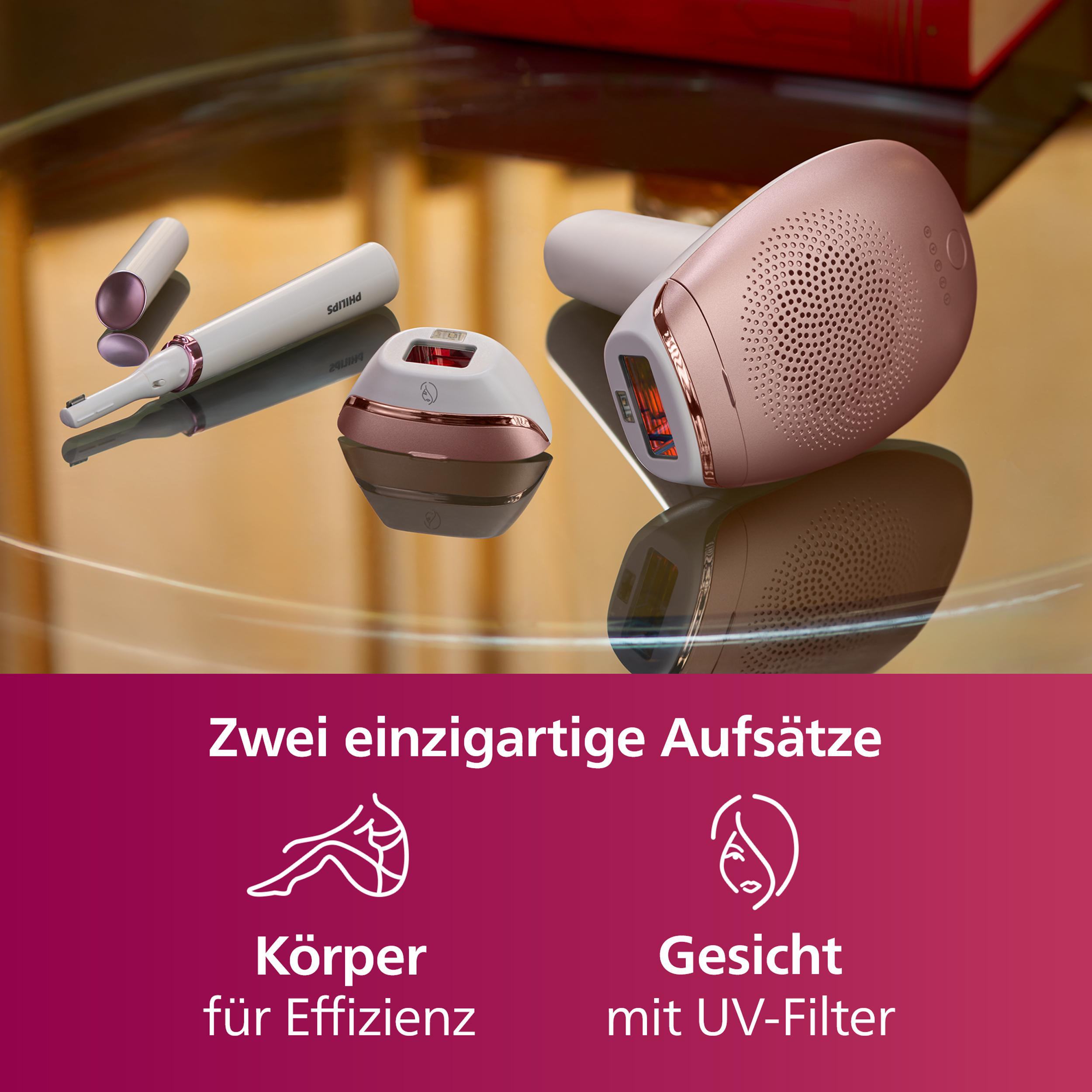 Beauty-Tools. Eines für den Körper, eines für das Gesicht und ein kleiner Trimmer. Alle sind rosa und weiß.