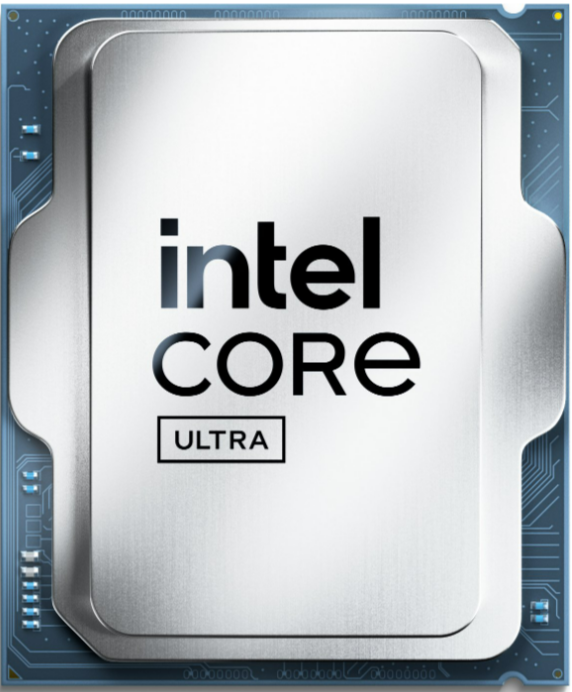 Intel Core Ultra Prozessor-Chip auf einer Leiterplatte. Silber, Schwarz und Blau dominieren.