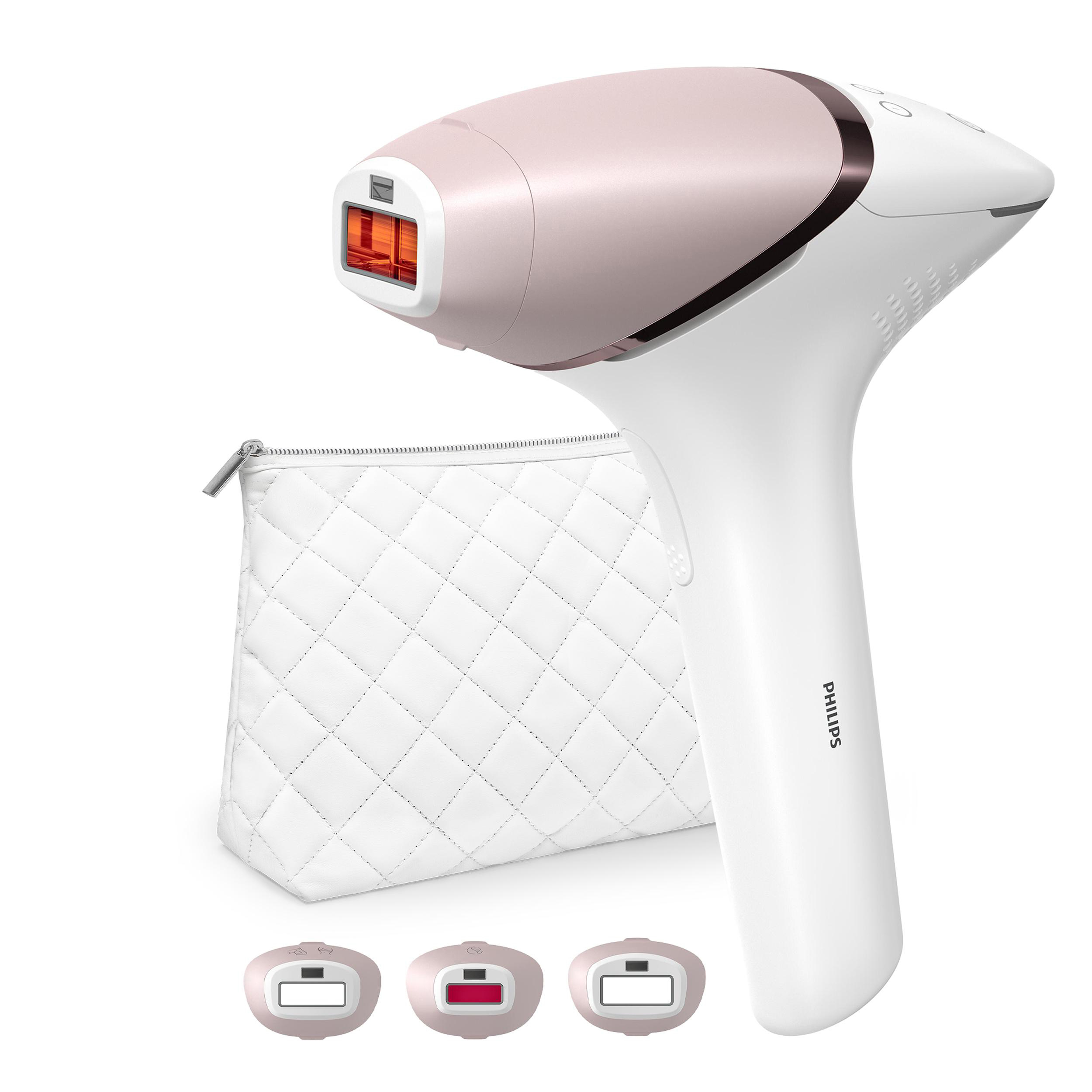 Rosa-weißes Haarentfernungsgerät mit weißem Etui und drei zusätzlichen Köpfen.