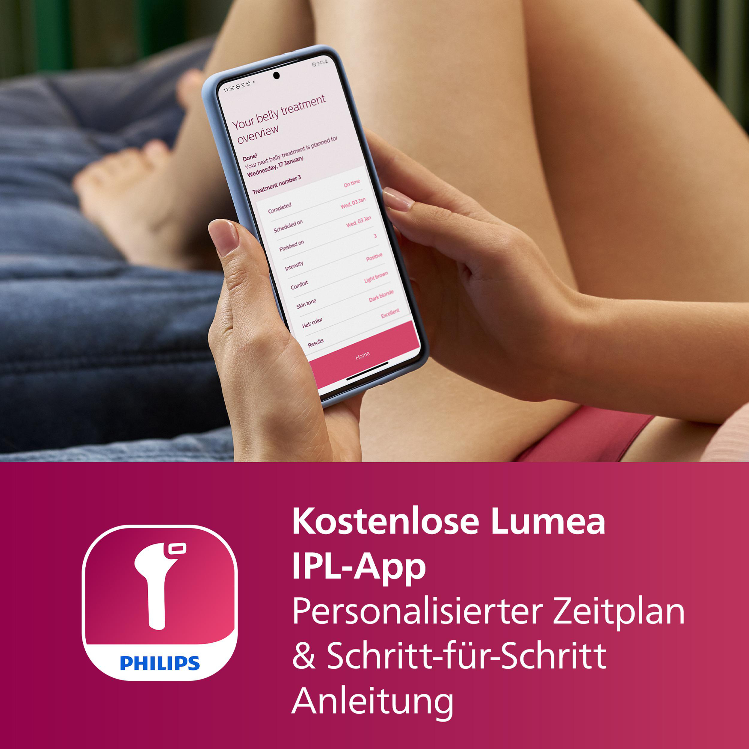 Beine einer Frau mit Telefon, das 'Your belly treatment overview' mit Philips IPL App zeigt.