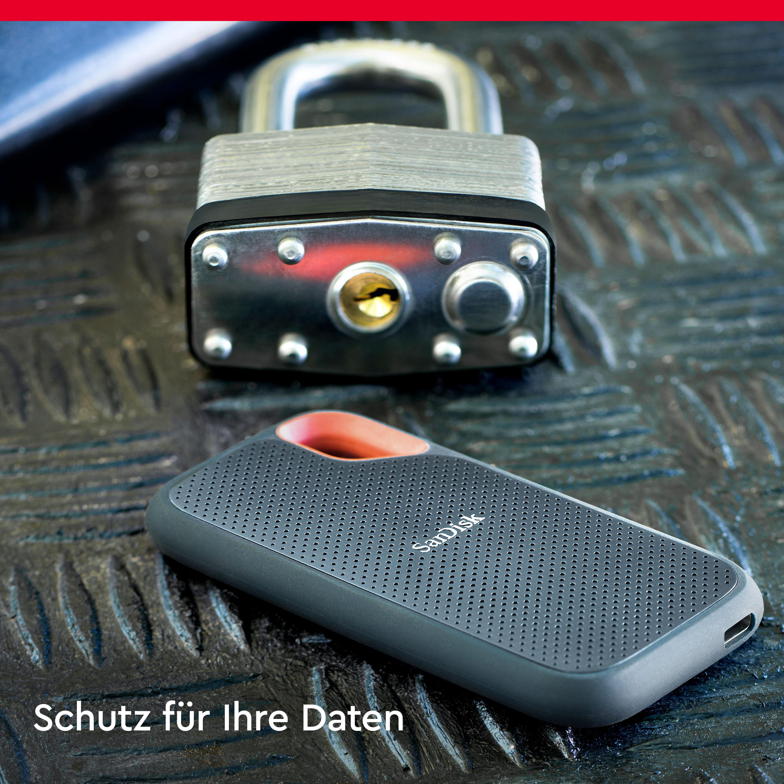 Ein Vorhängeschloss neben einer grauen, tragbaren Festplatte mit dem Text: Datenschutz.