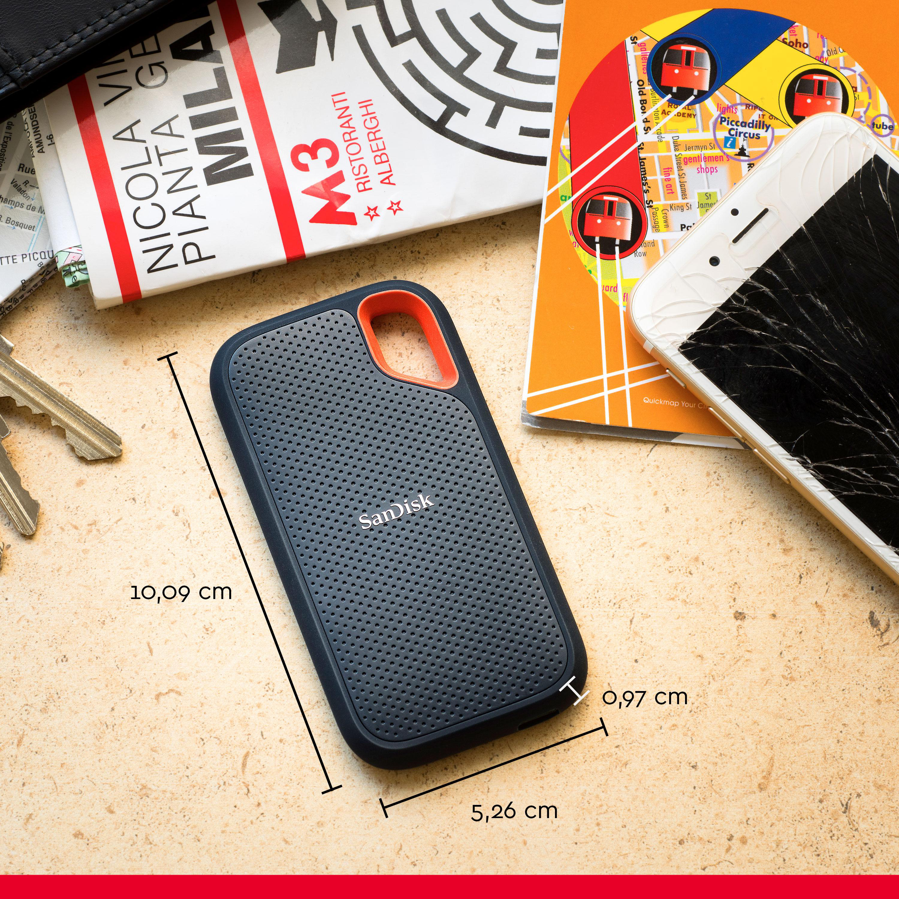 Eine schwarze und orangefarbene externe Festplatte mit Karten, Schlüsseln und einem zerbrochenen Telefon im Hintergrund.