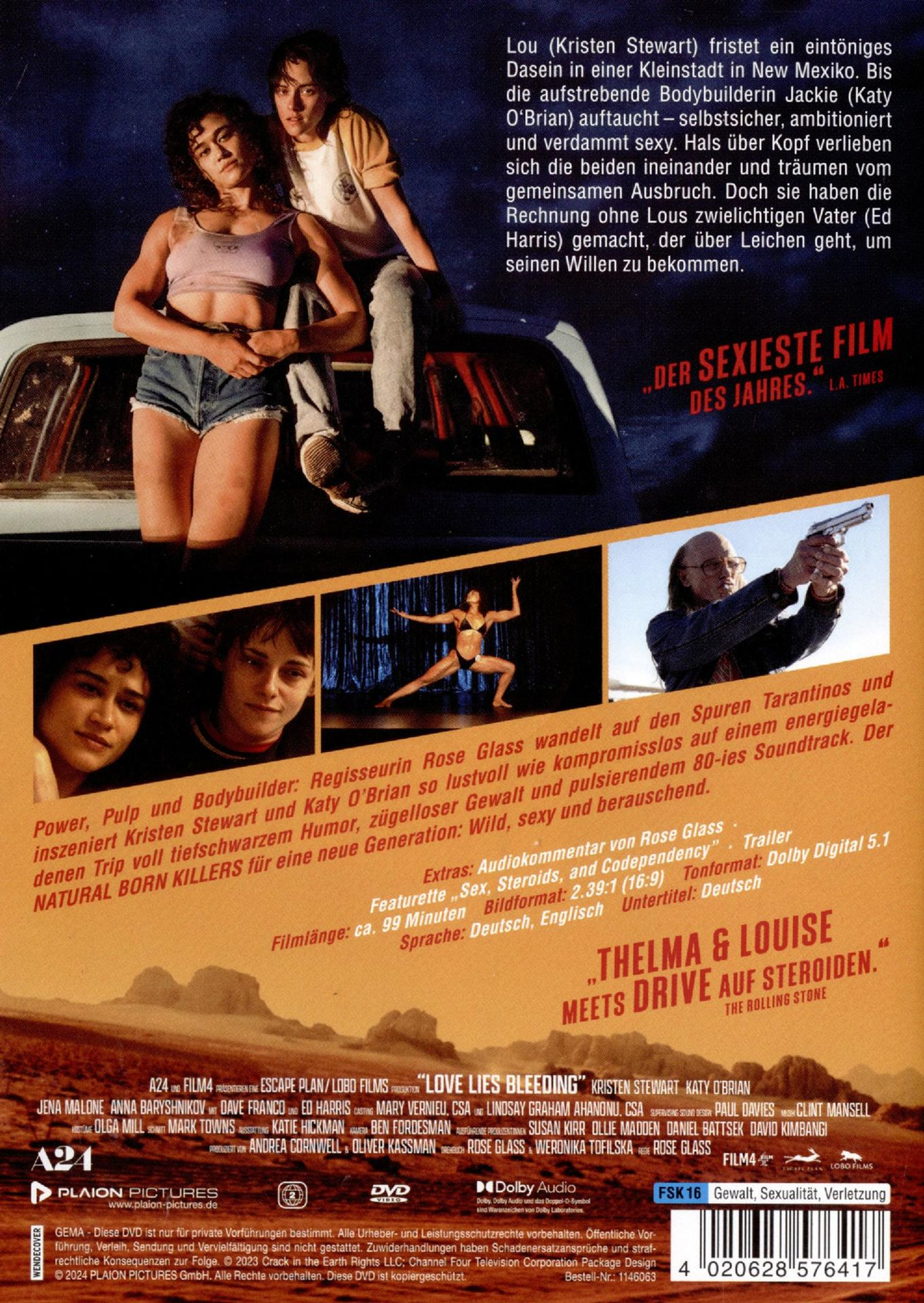 Rückseite einer DVD-Hülle für den Film Love Lies Bleeding. Mit Bildern des Films.