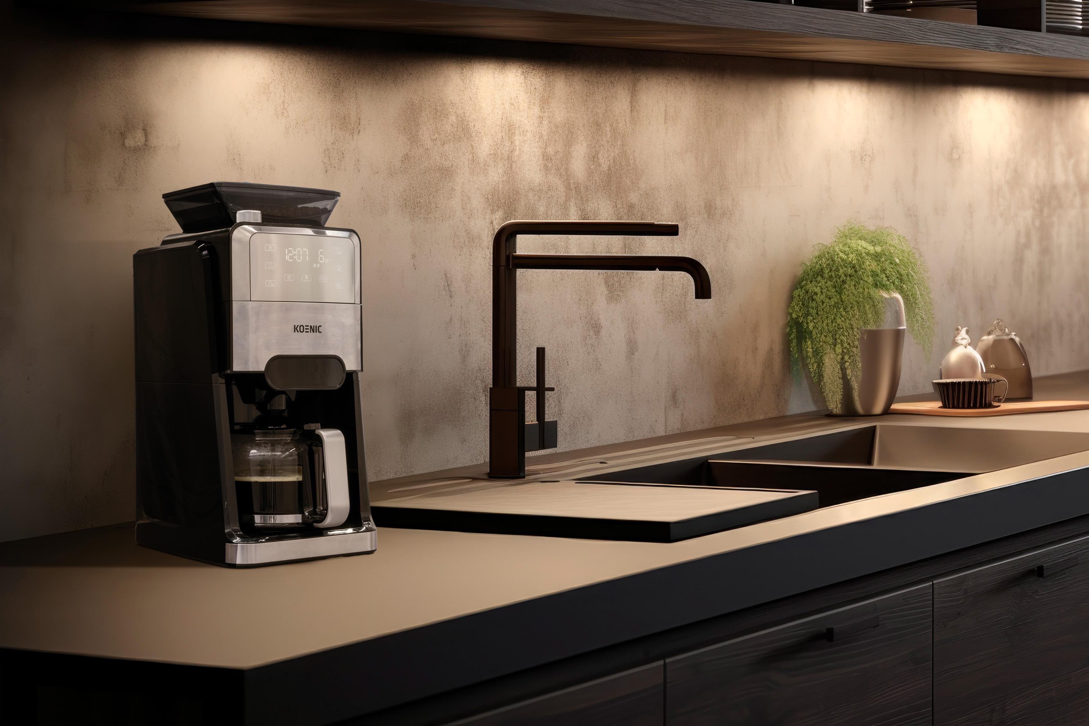Küchenszene mit Kaffeemaschine, Wasserhahn und Spüle. Die Wände sind betonartig.