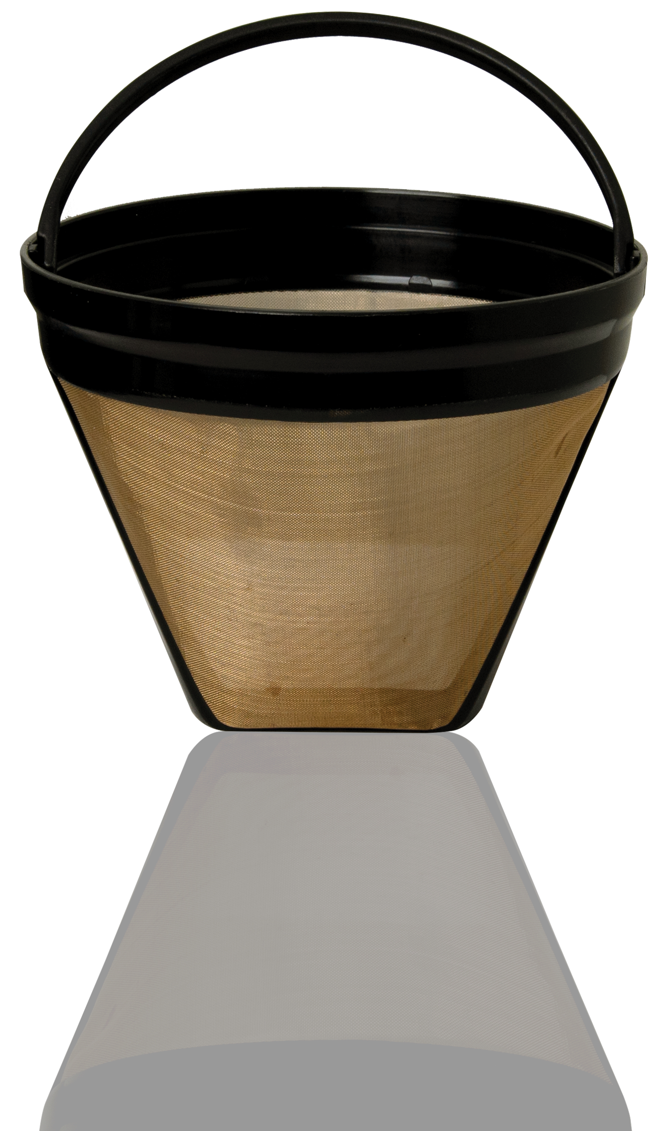 Kaffeefilter: Schwarzer Rand, konische Form, goldbraunes Netz.