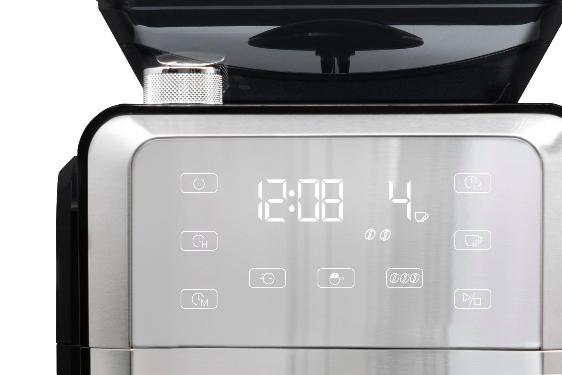 Nahaufnahme des Displays einer Kaffeemaschine mit Uhrzeit, Einstellungen und Symbolen.