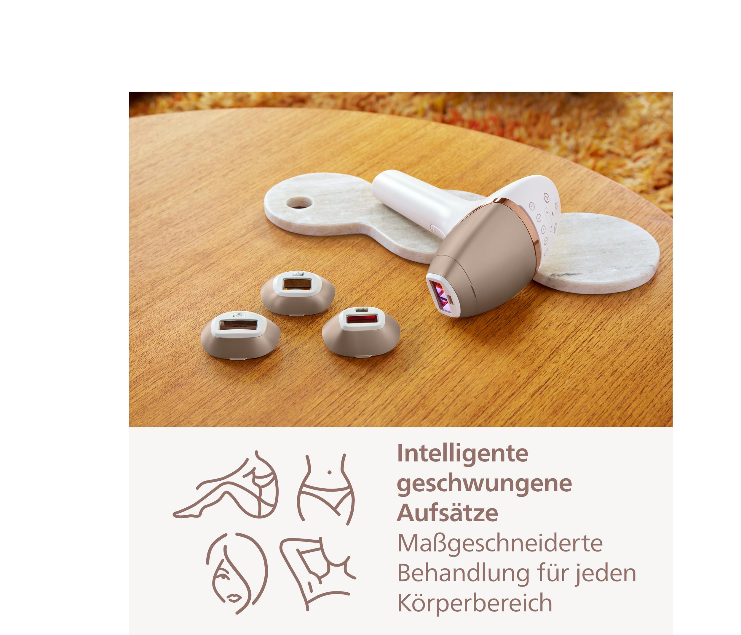 Haarentfernungsgerät mit Aufsätzen auf Holzoberfläche, plus Icons und Text.