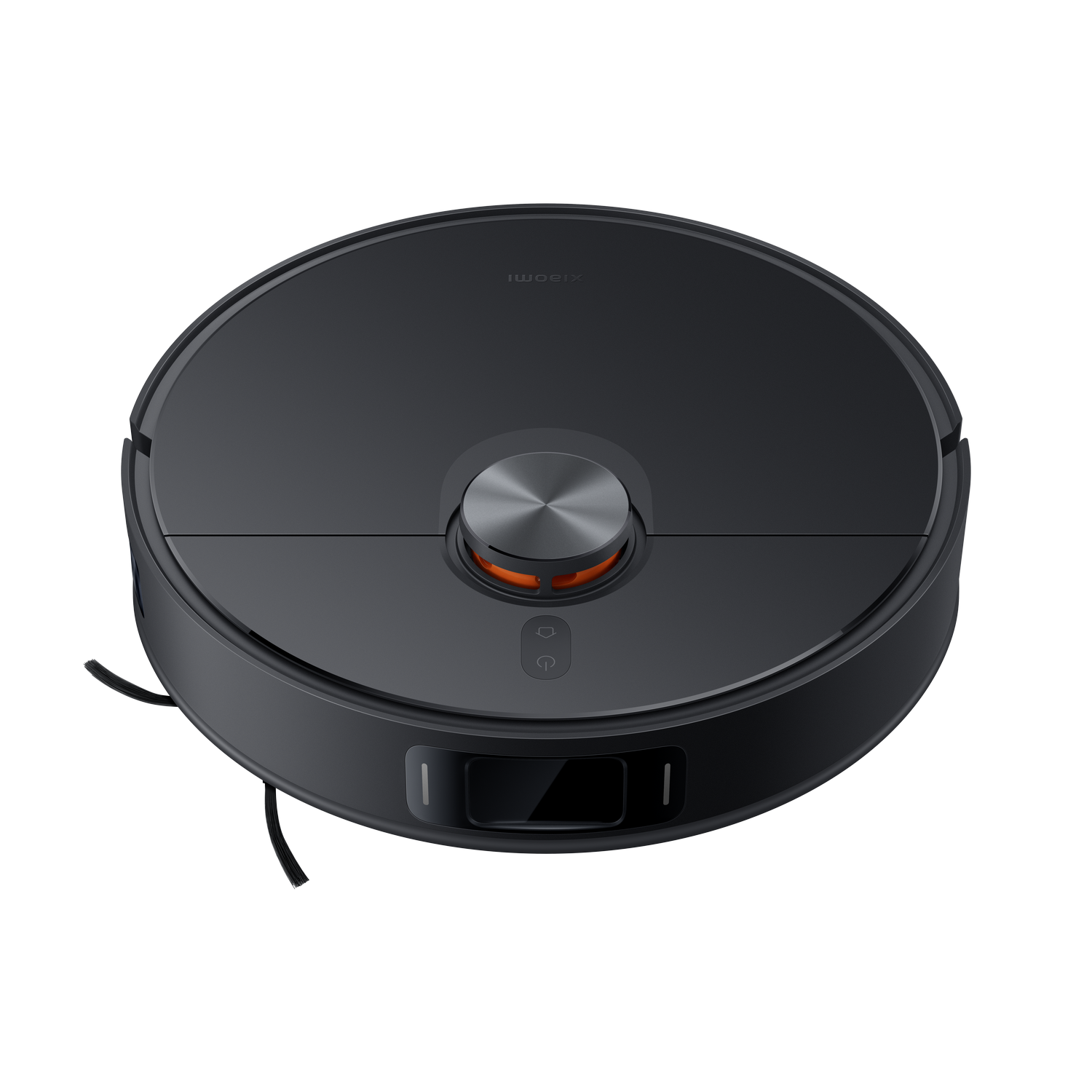 Aspiradora robot negra. La parte superior tiene un botón central y un diseño circular.