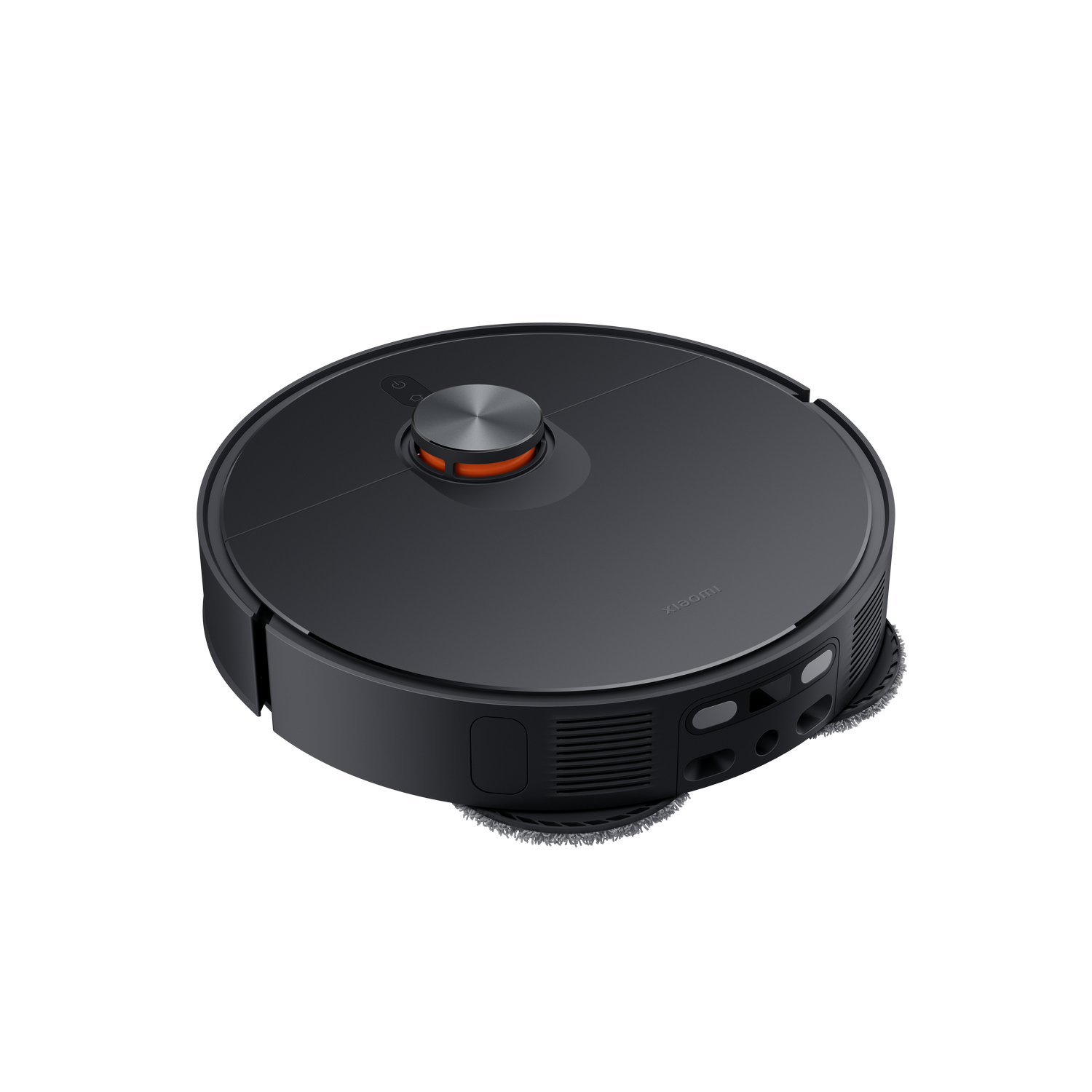 Aspiradora robot negra. Forma circular con botón superior y anillo naranja. Fondo negro.
