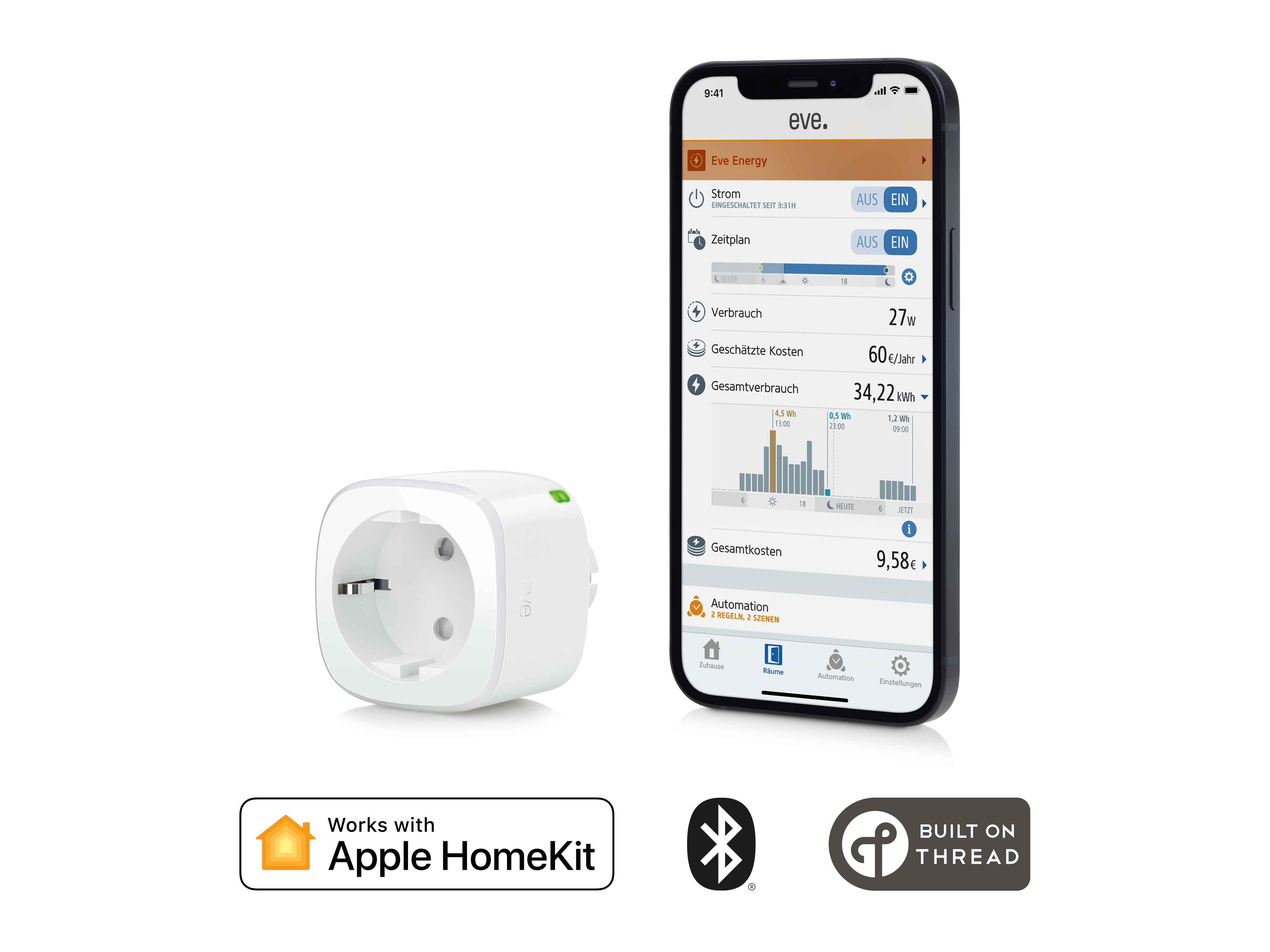 Smarter Stecker mit Smartphone, das den Energieverbrauch anzeigt. Apple HomeKit, Bluetooth und Thread Logos.