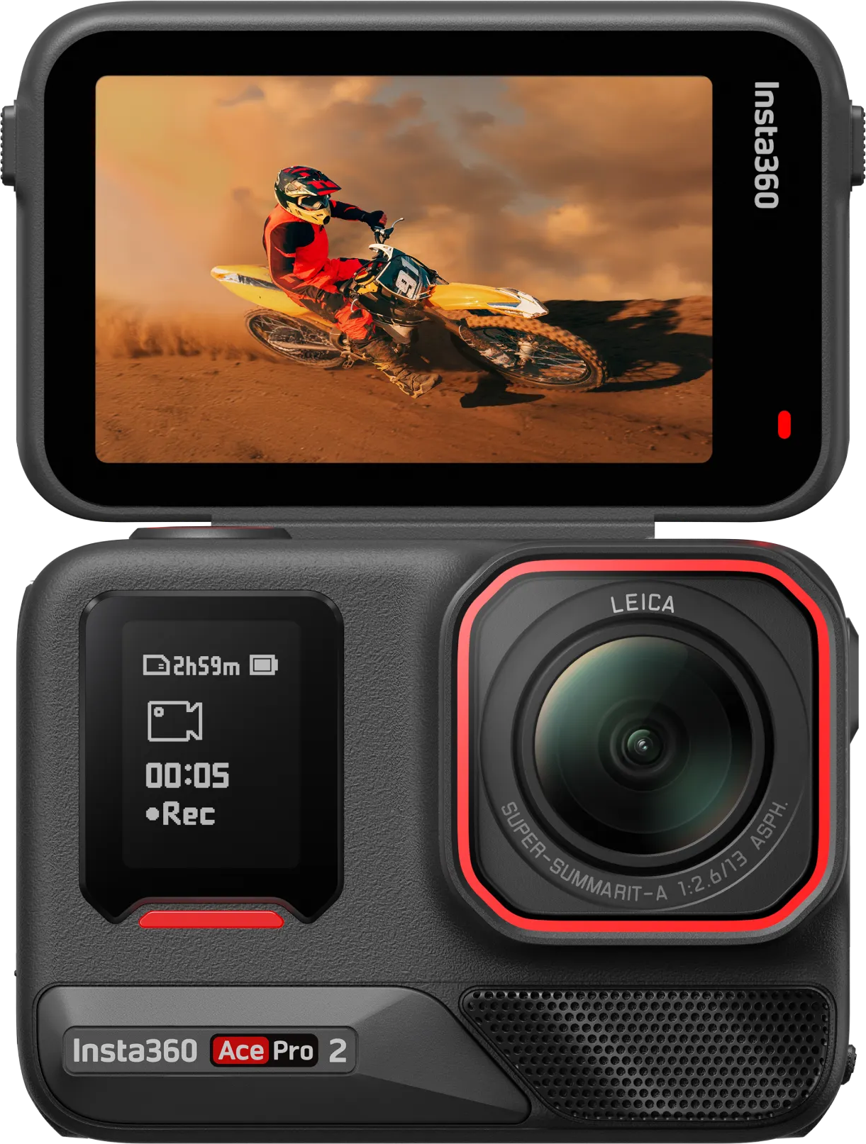 Action cam Insta360 Ace Pro 2. Scena di motocross sullo schermo superiore, dettagli della fotocamera sotto.