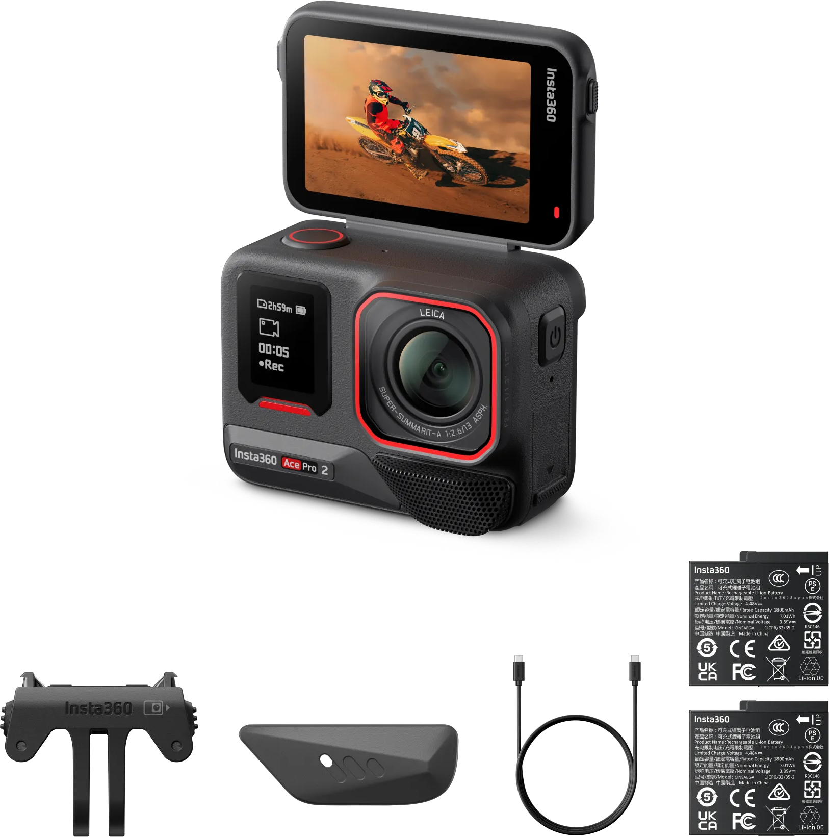 Caméra Insta360 avec accessoires. Caméra noire avec accents rouges et un écran.