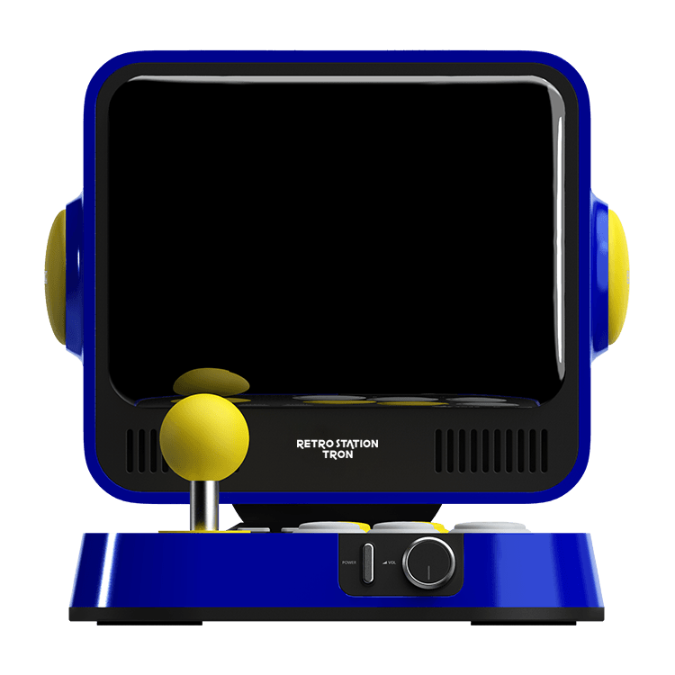 Consola arcade retro, azul y amarillo. Tiene una pantalla, joystick y botones. Fondo negro.